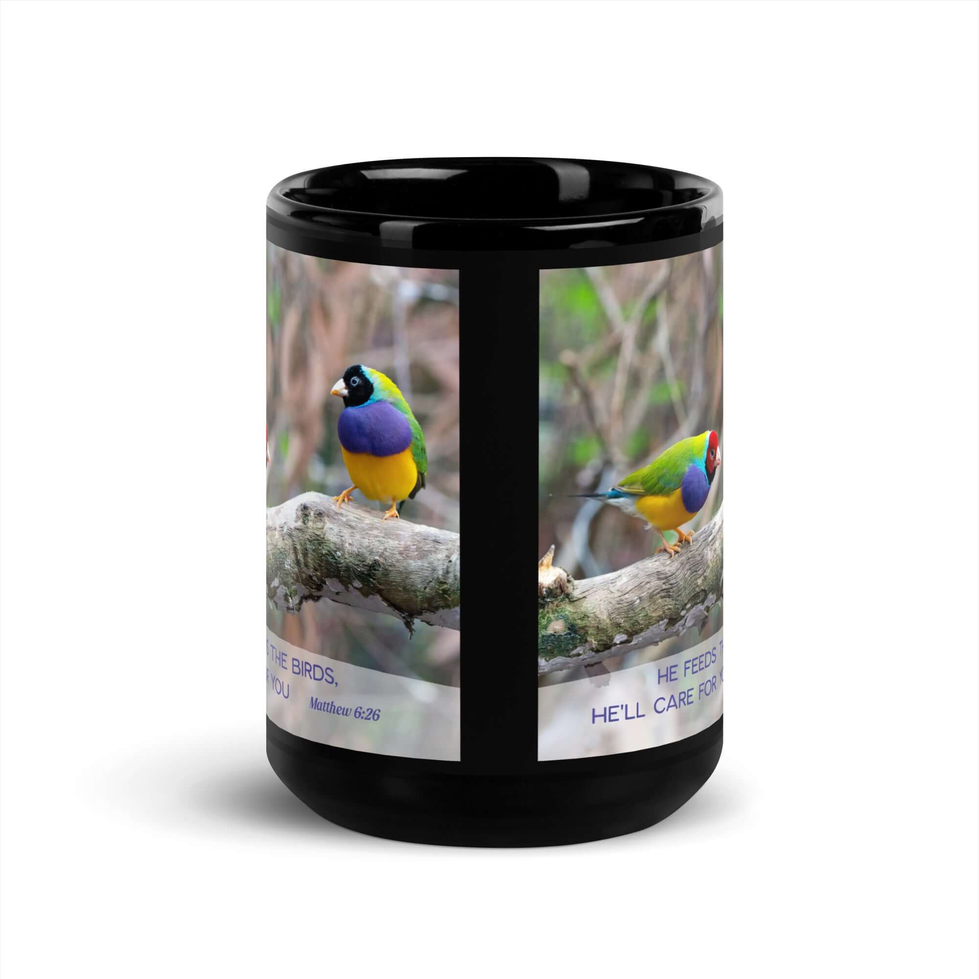 Matthew 6:26 Gouldian Finches, He'll Care for You Black Glossy Mug