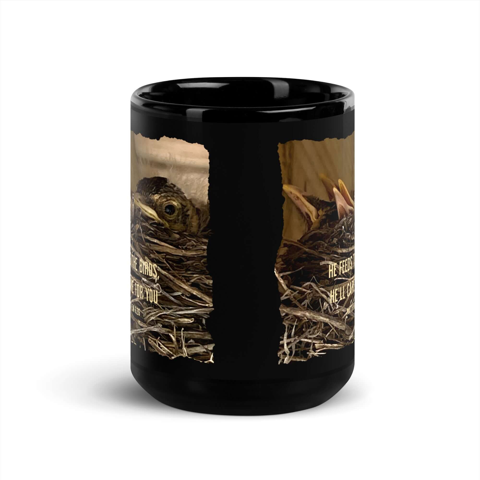 Matthew 6:26 Baby Robins, He'll Care for You Black Glossy Mug