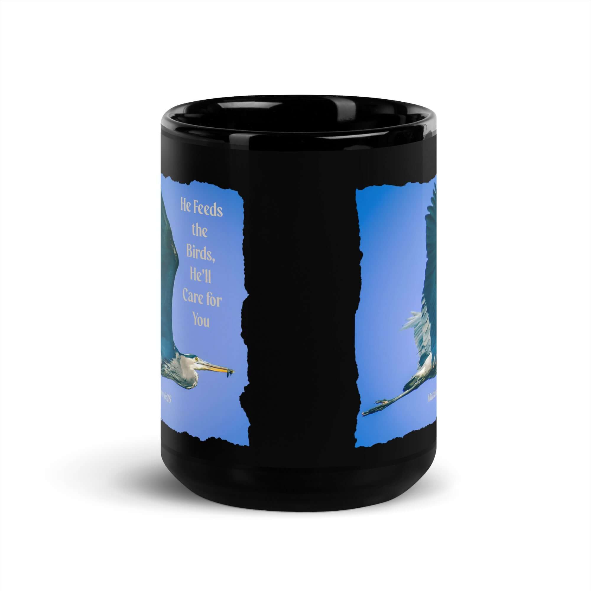 Matthew 6:26 Graceful Heron, He'll Care for You Black Glossy Mug