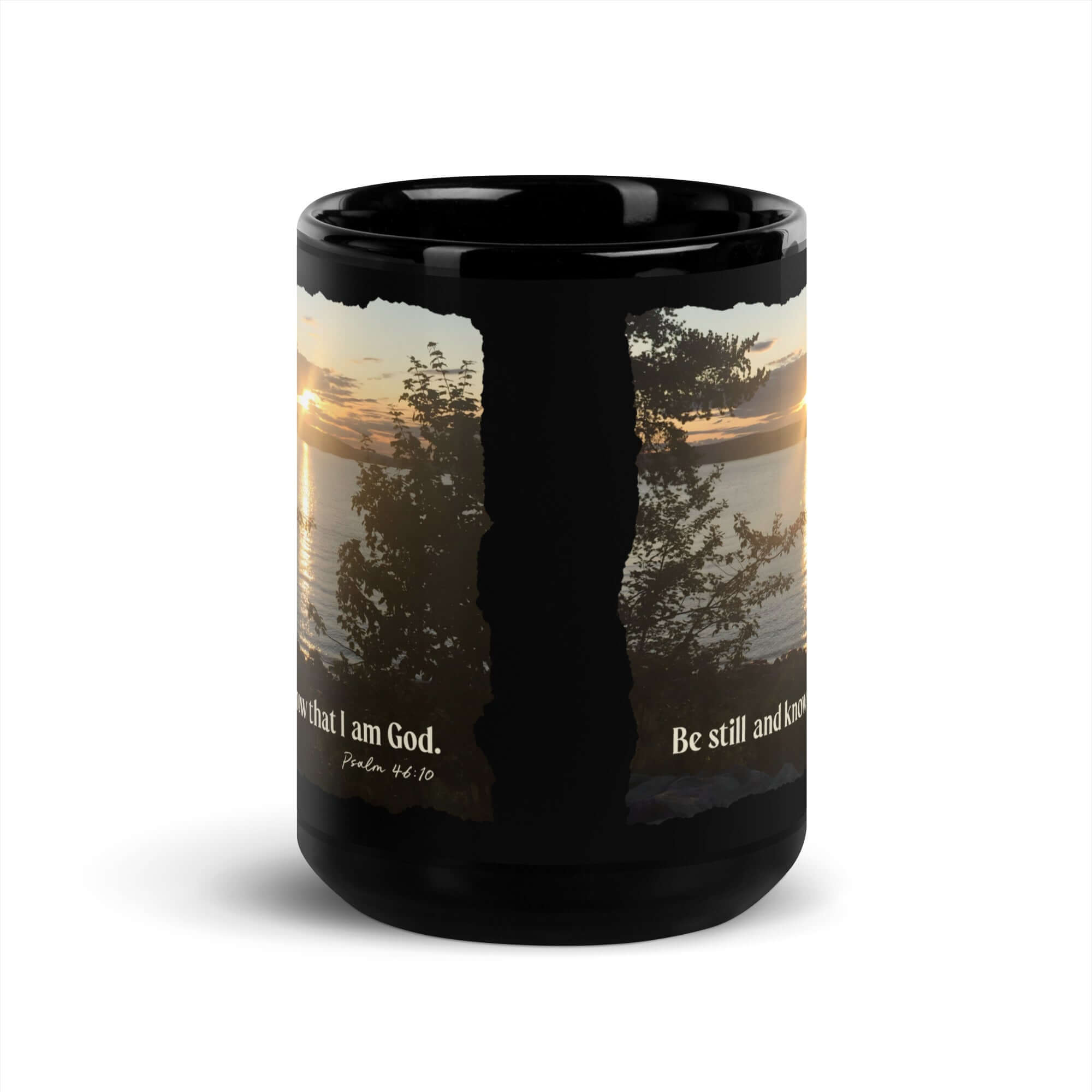 Psalm 46:10 Bible Verse, Sunset Glory Black Glossy Mug