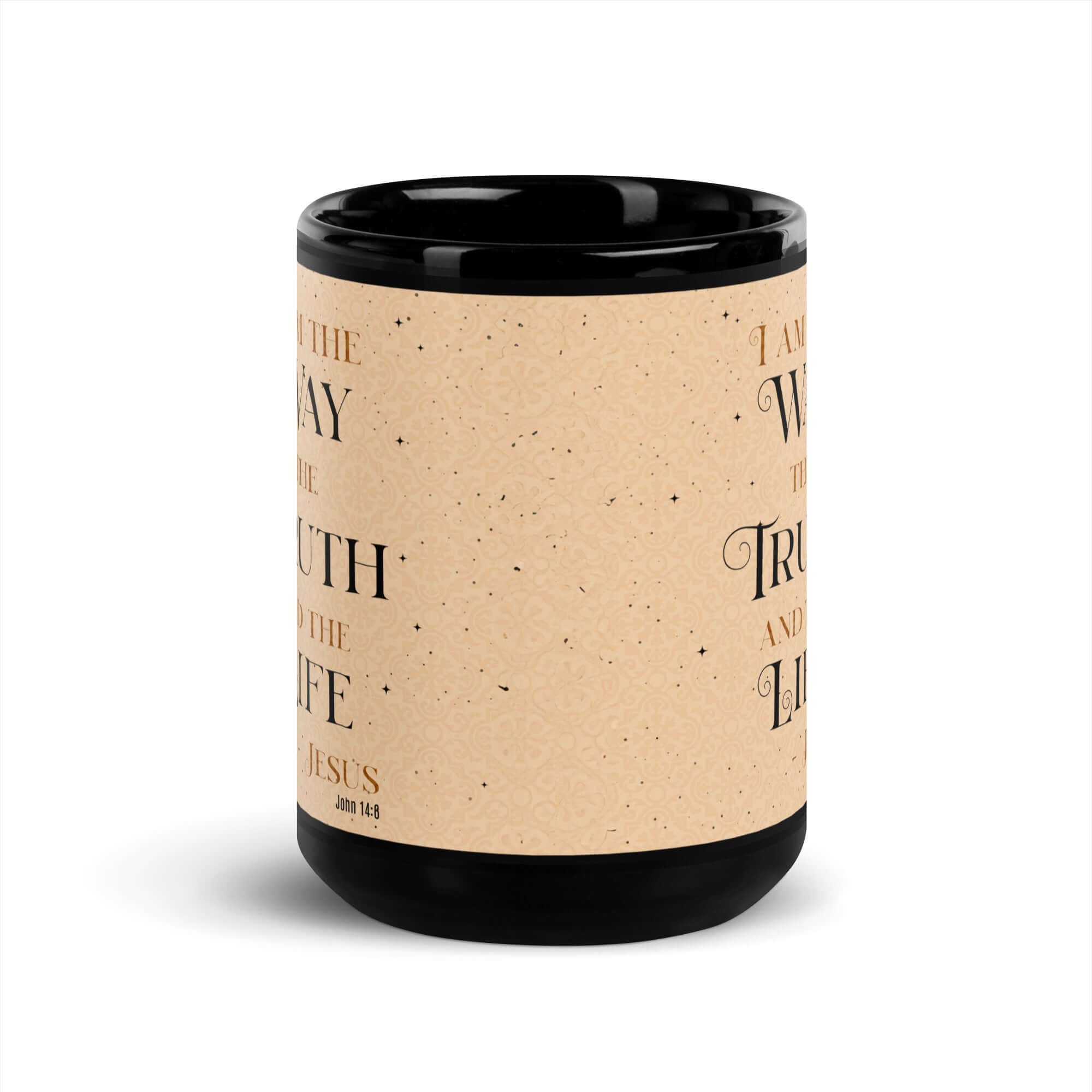 John 14:6 Bible Verse, Color Text Brown Background Black Glossy Mug