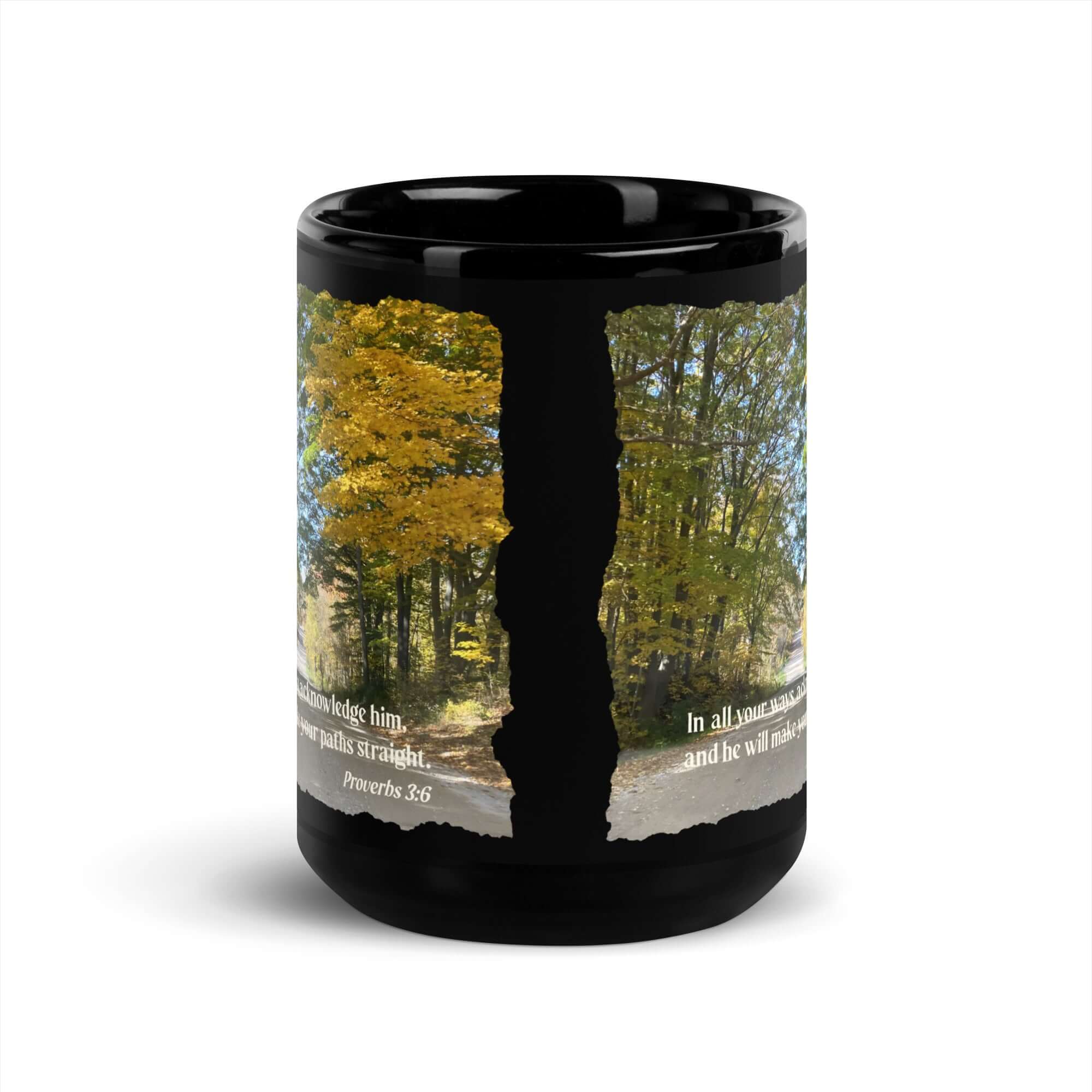 Proverbs 3:6 Bible Verse, Fall Road Black Glossy Mug