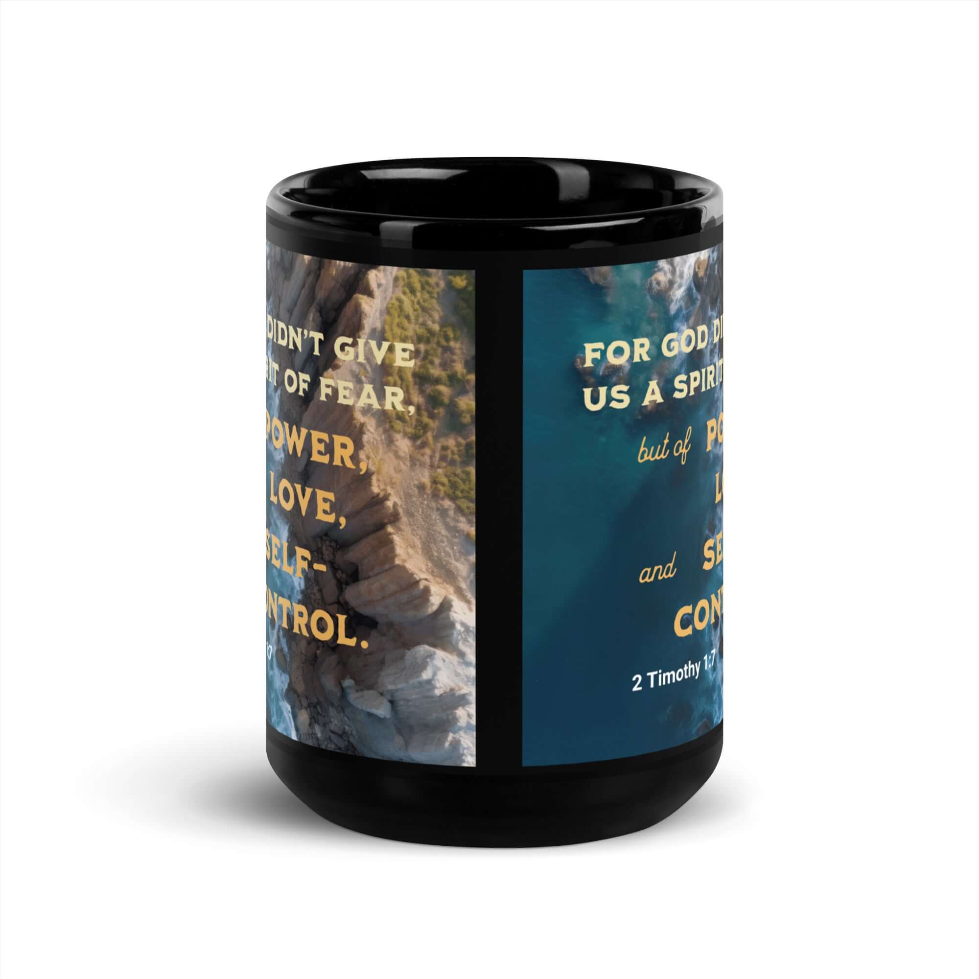 2 Timothy 1:7 Bible Verse, Power, Love, Self-Control Black Glossy Mug