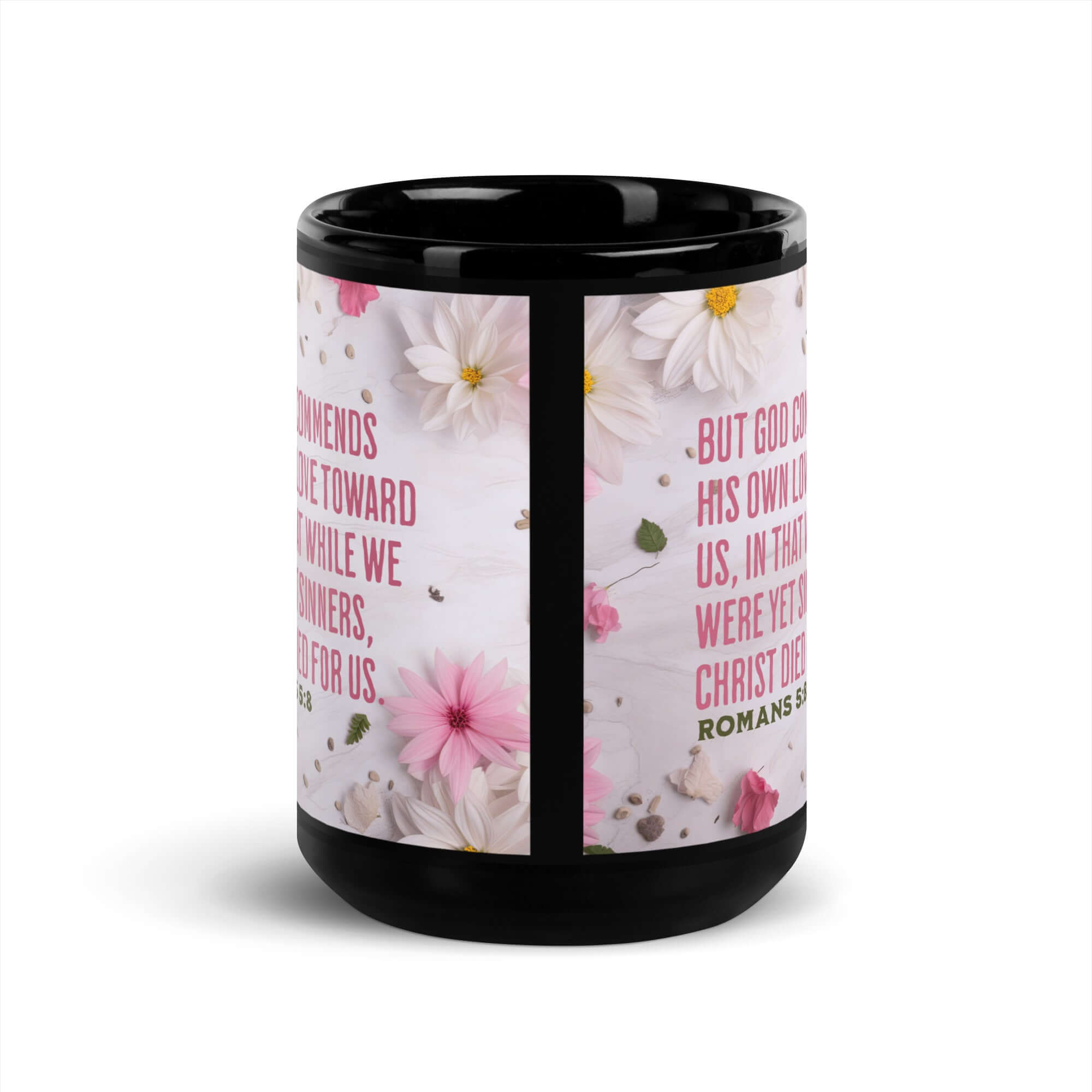 Romans 5:8 Bible Verse, Christ Died for Us Black Glossy Mug