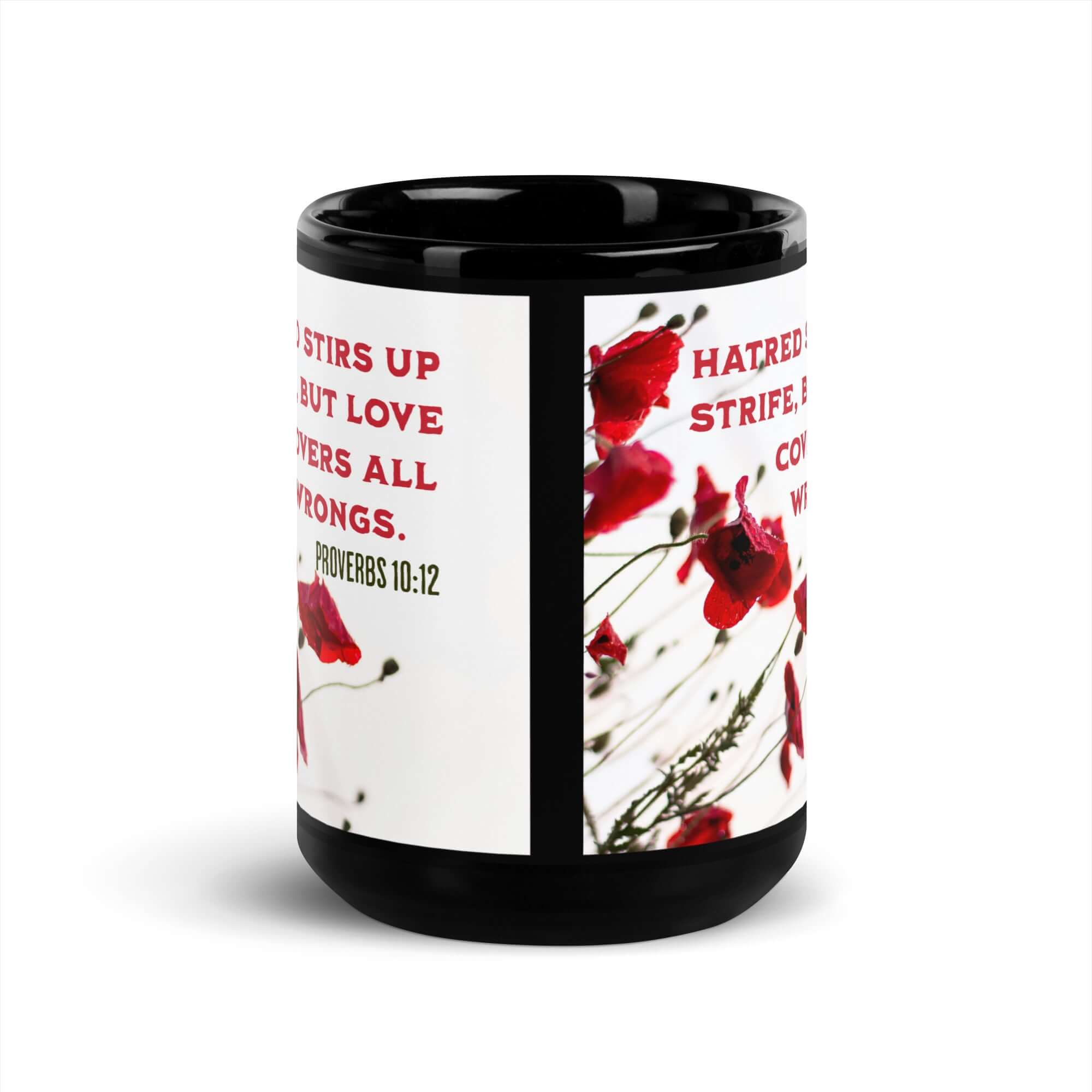 Proverbs 10:12 Bible Verse, Love Covers All Black Glossy Mug