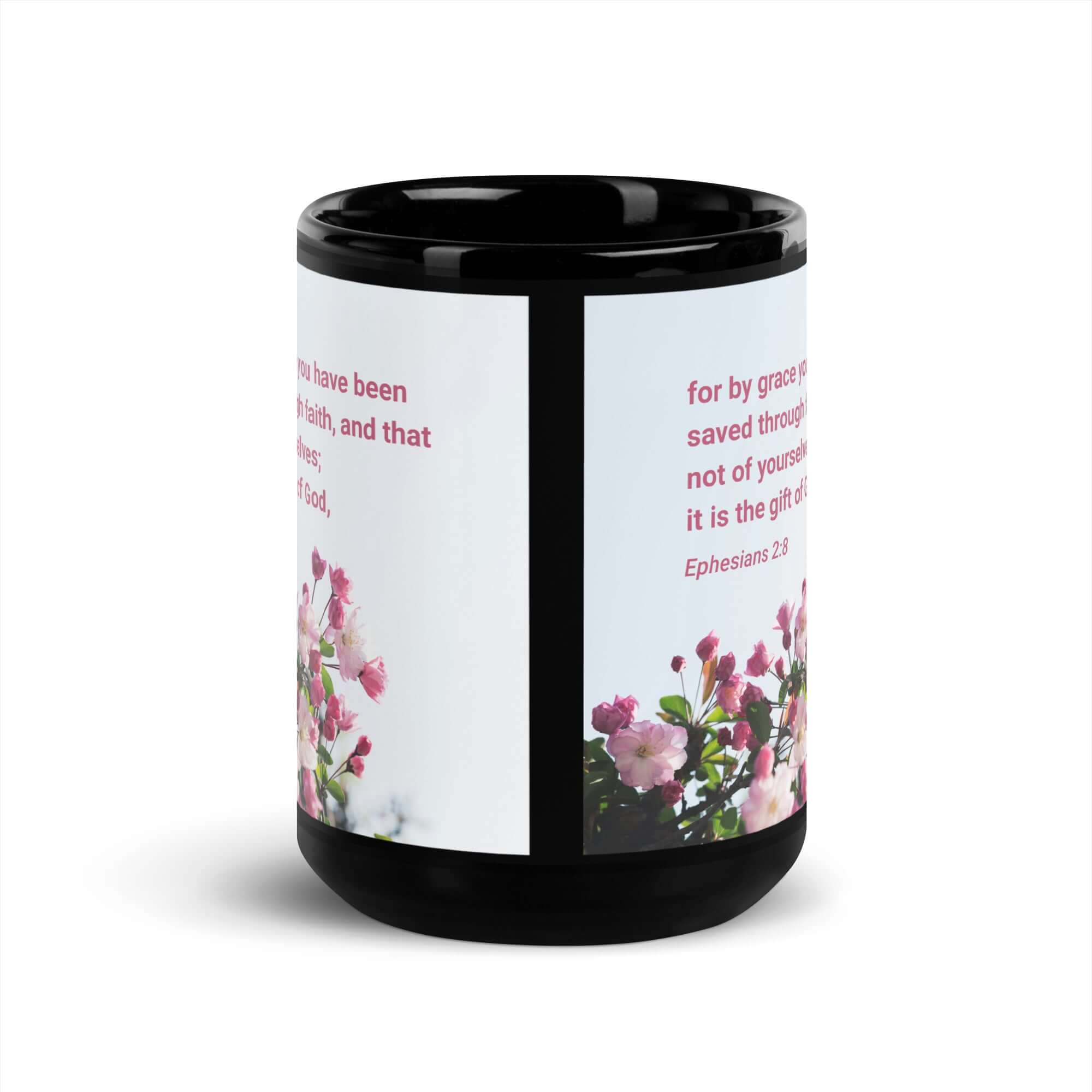 Ephesians 2:8 Bible Verse, saved through faith Black Glossy Mug