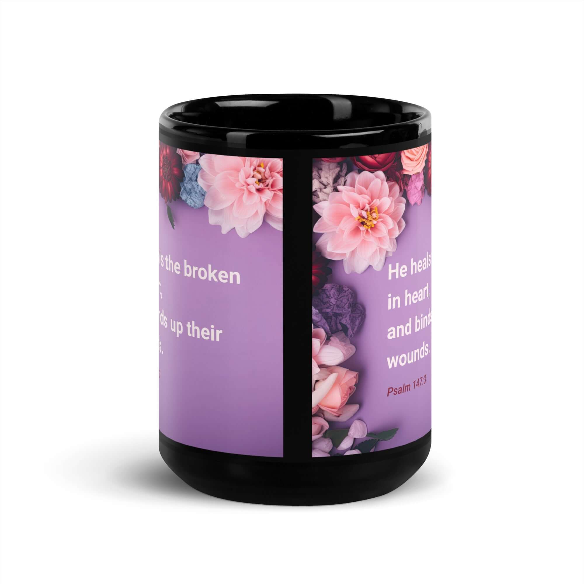 Psalm 147:3 Bible Verse, He heals the broken Black Glossy Mug