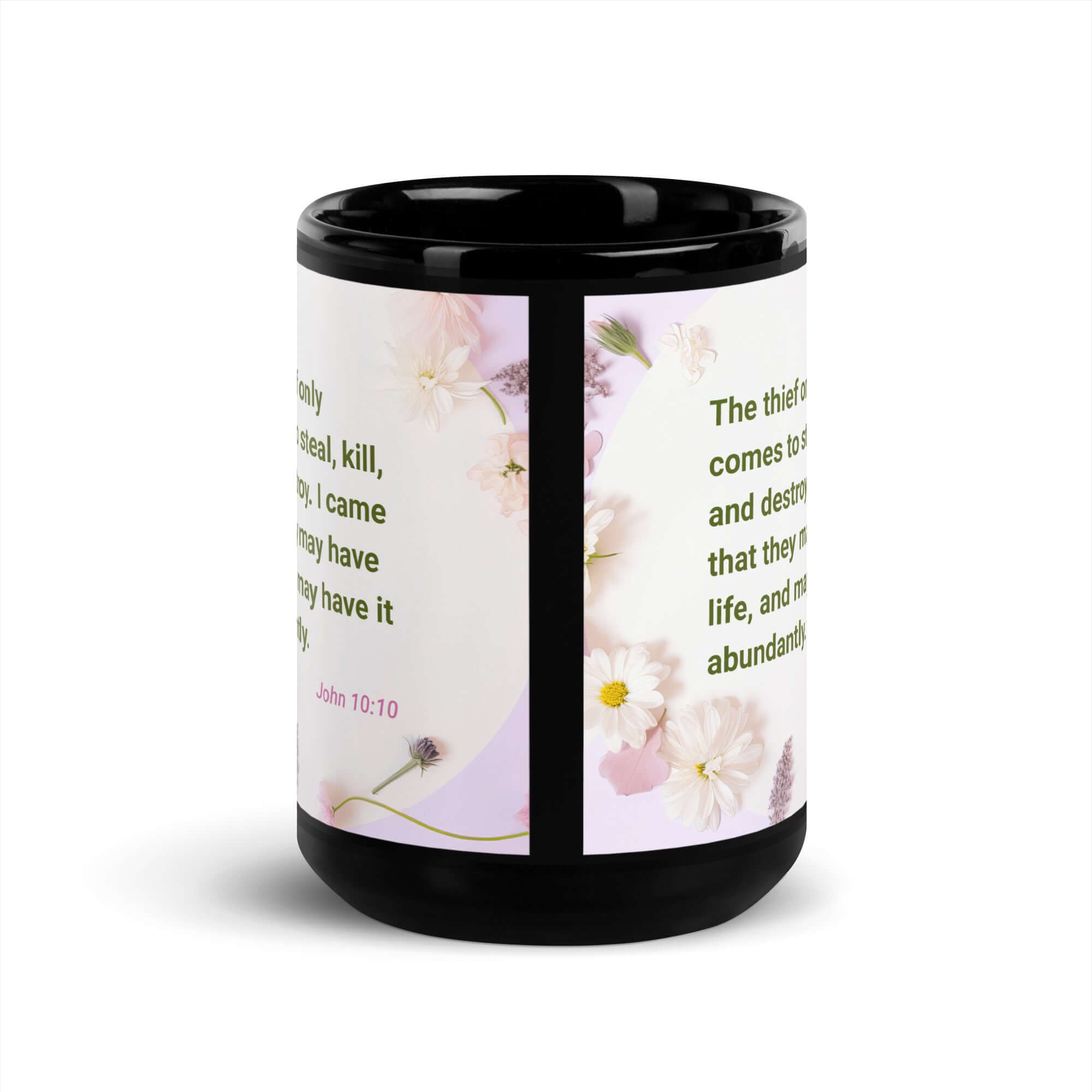 John 10:10 Bible Verse, Abundant Life Black Glossy Mug