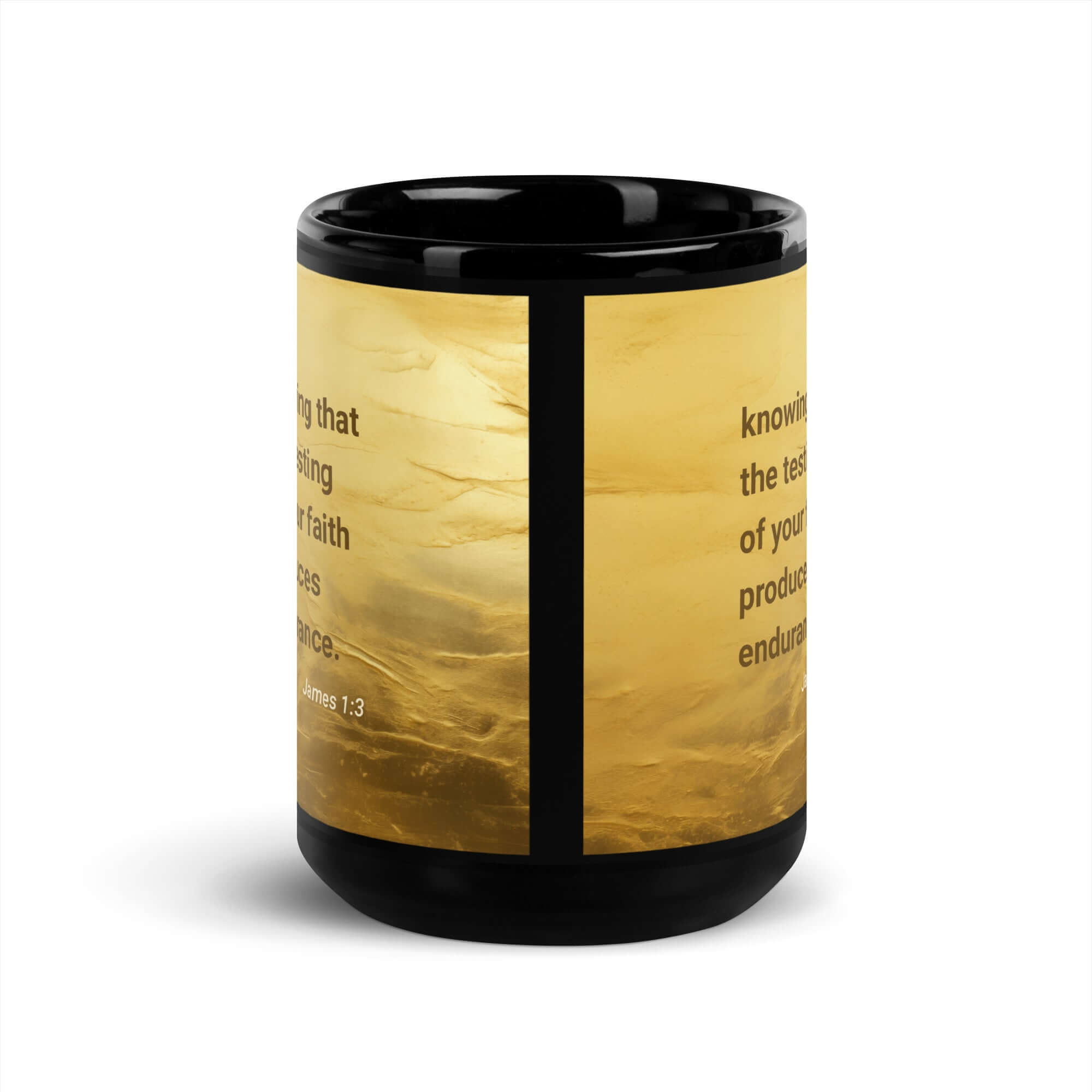 James 1:3 Bible Verse, testing of your faith Black Glossy Mug