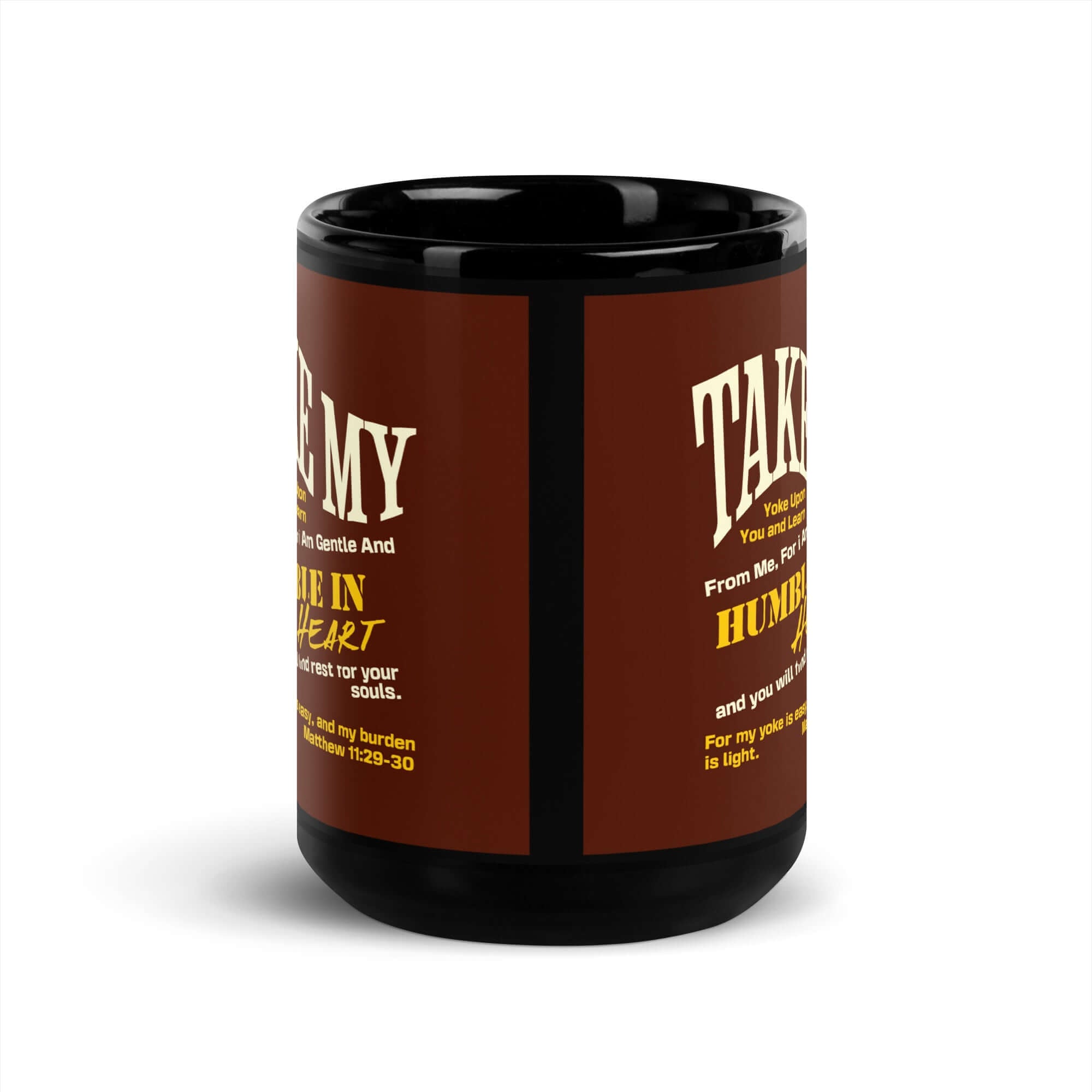 Matthew 11:29-30 Bible Verse, learn from me Black Glossy Mug