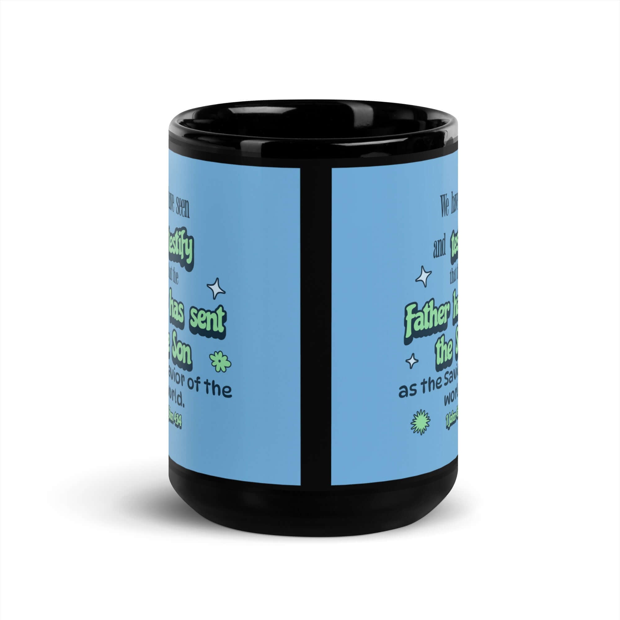 1 John 4:14 Bible Verse, sent the Son Black Glossy Mug