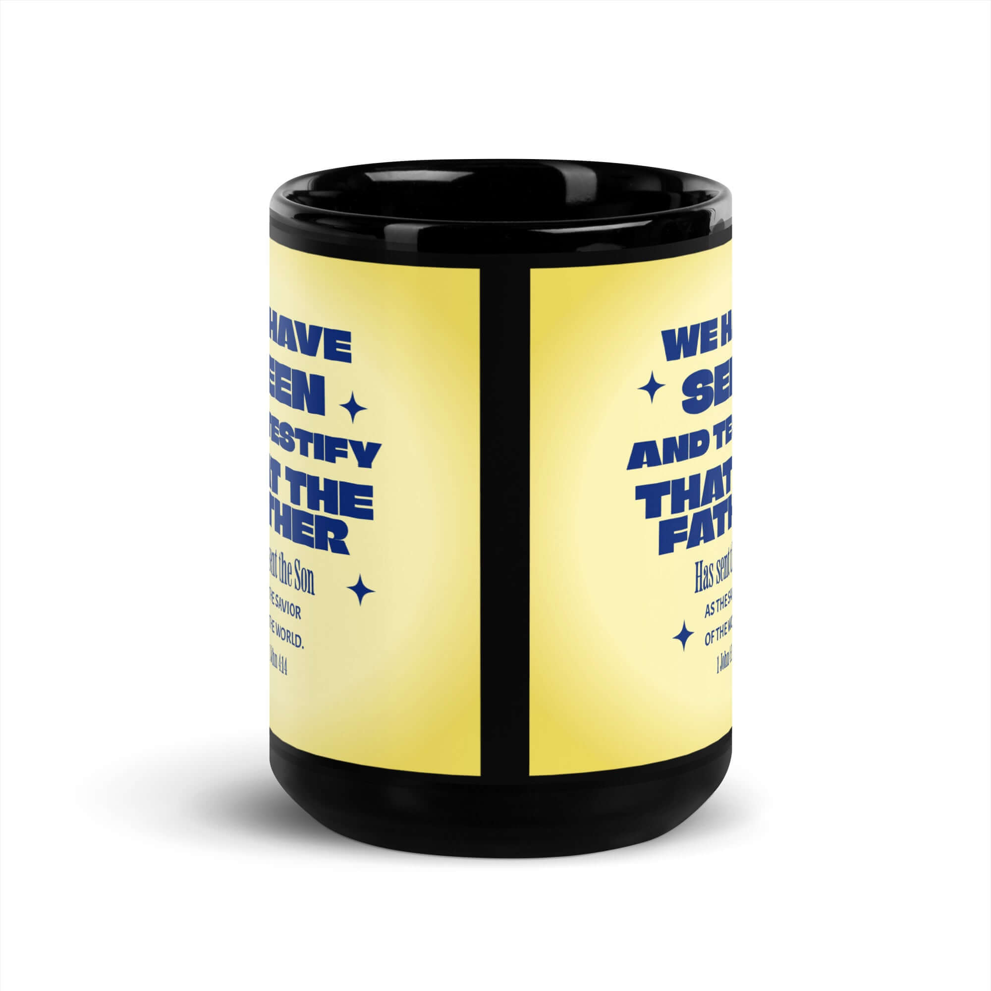 1 John 4:14 Bible Verse, Savior of the world Black Glossy Mug