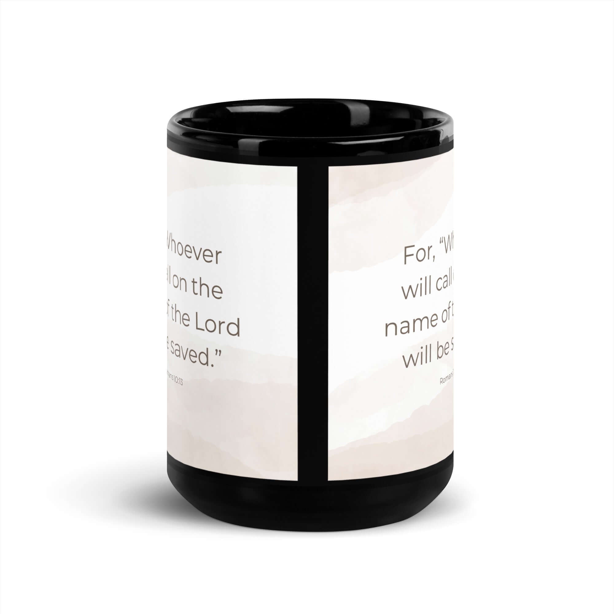 Romans 10:13 Bible Verse, the name Black Glossy Mug