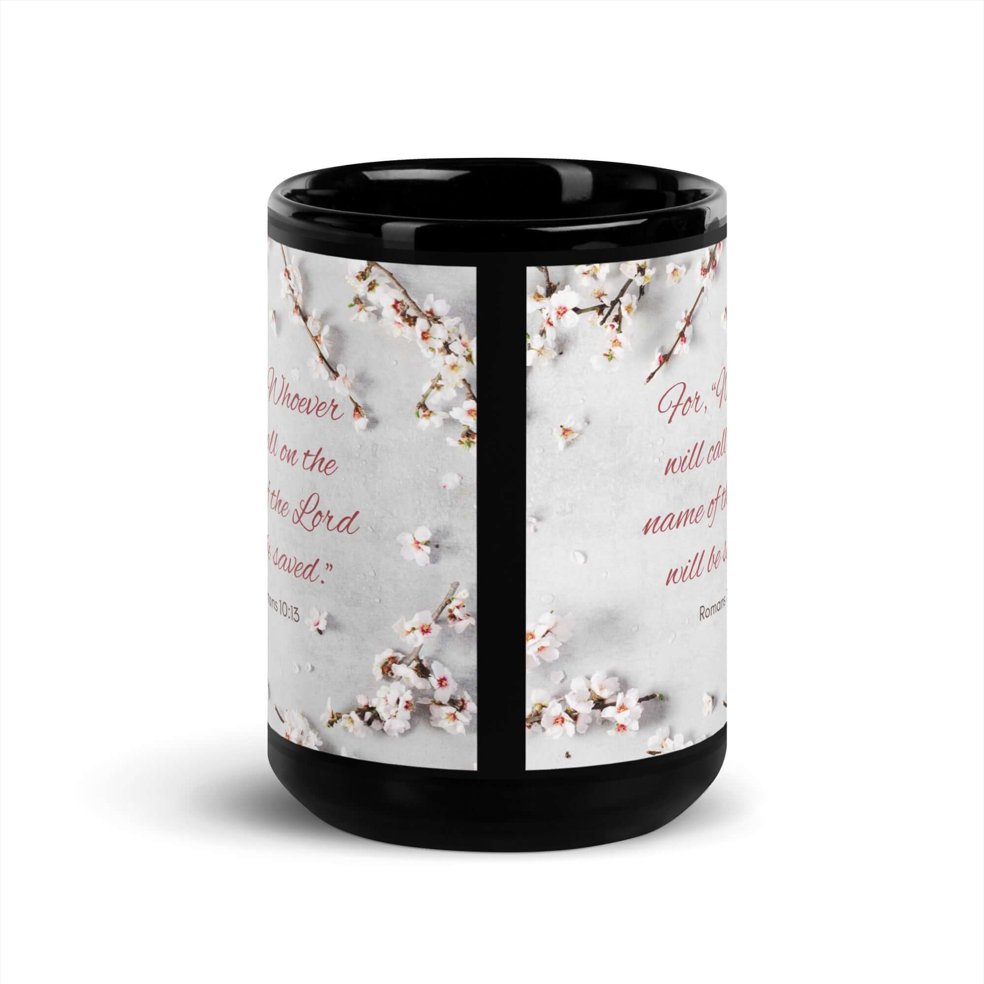 Romans 10:13 Bible Verse, the Lord Black Glossy Mug