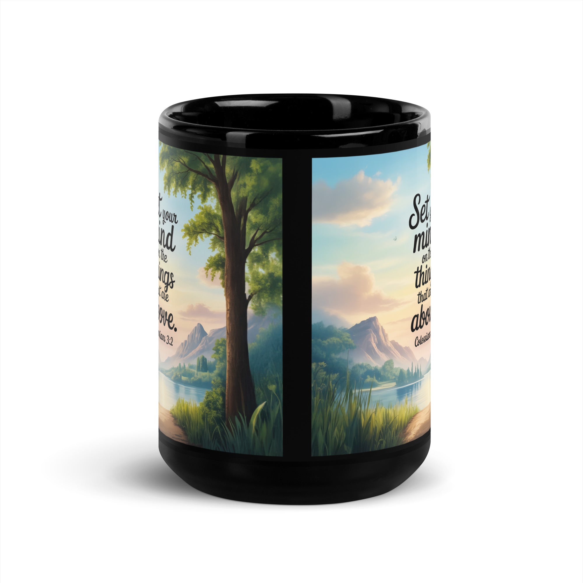 Colossians 3:2 Bible Verse Set Black Glossy Mug