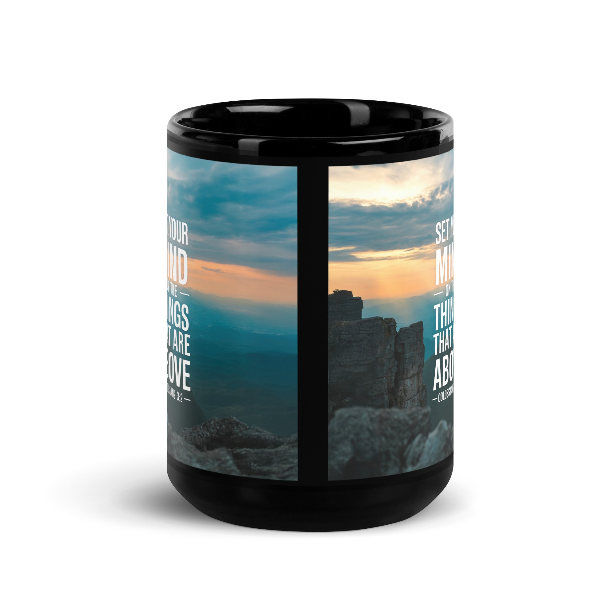 Colossians 3:2 Bible Verse on the Black Glossy Mug
