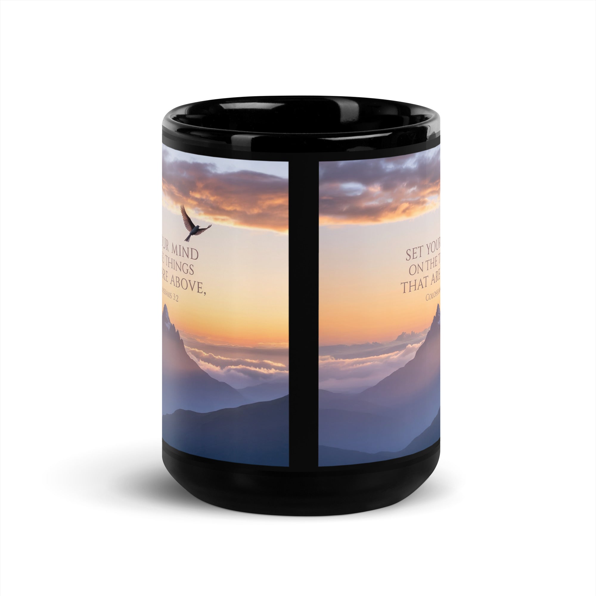 Colossians 3:2 Bible Verse are above Black Glossy Mug