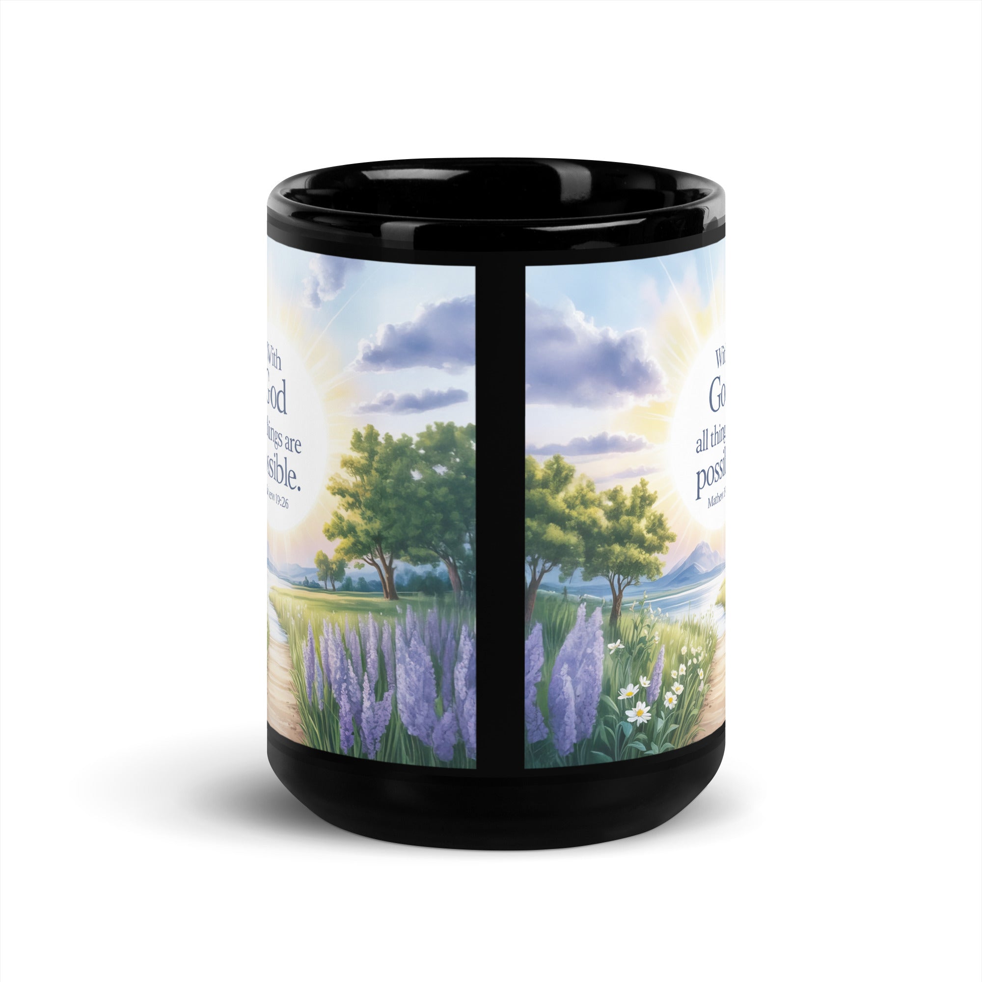 Matthew 19:26 Bible Verse Looking at Black Glossy Mug