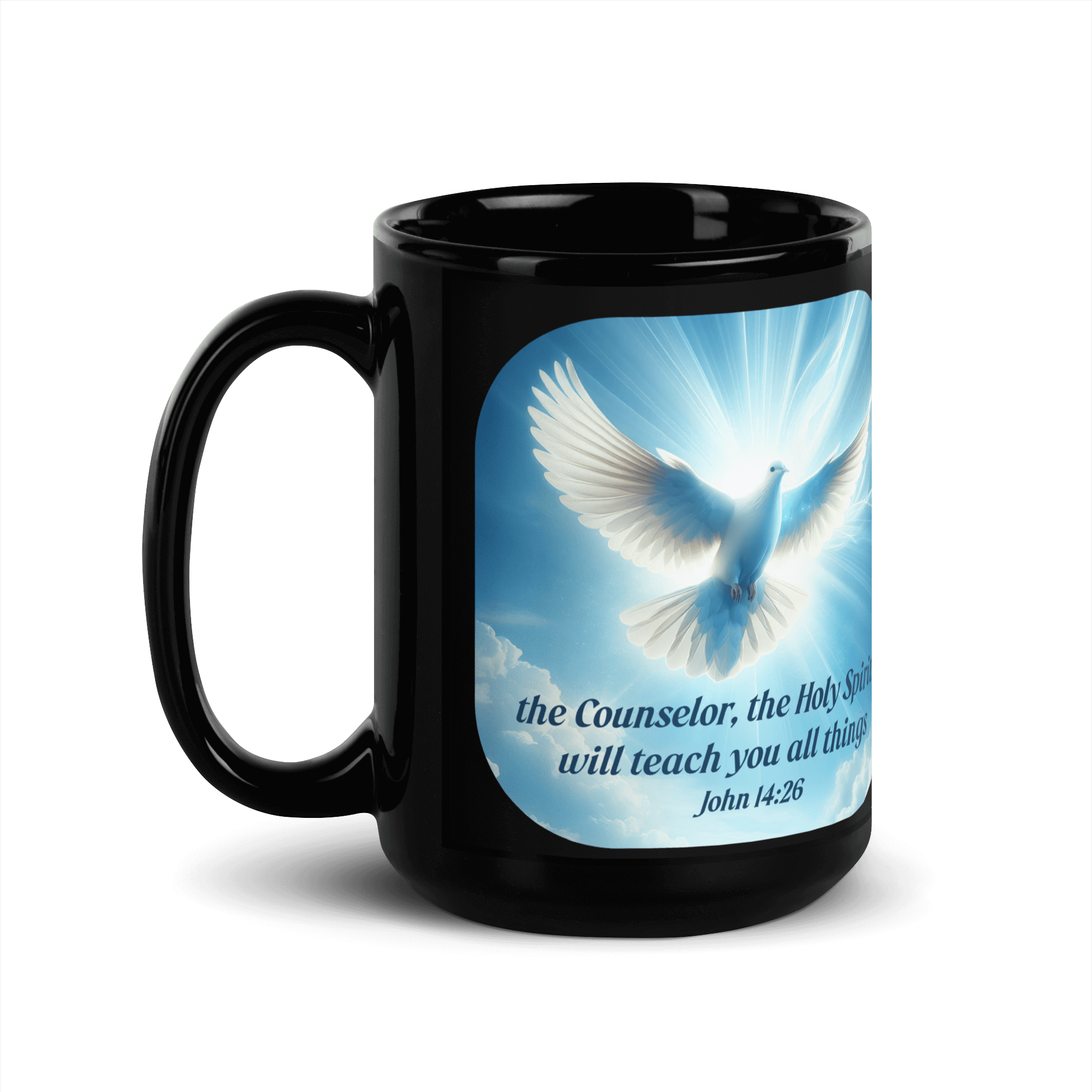 John 14:26 Bible Verse, Holy Spirit Dove Black Glossy Mug 15 oz