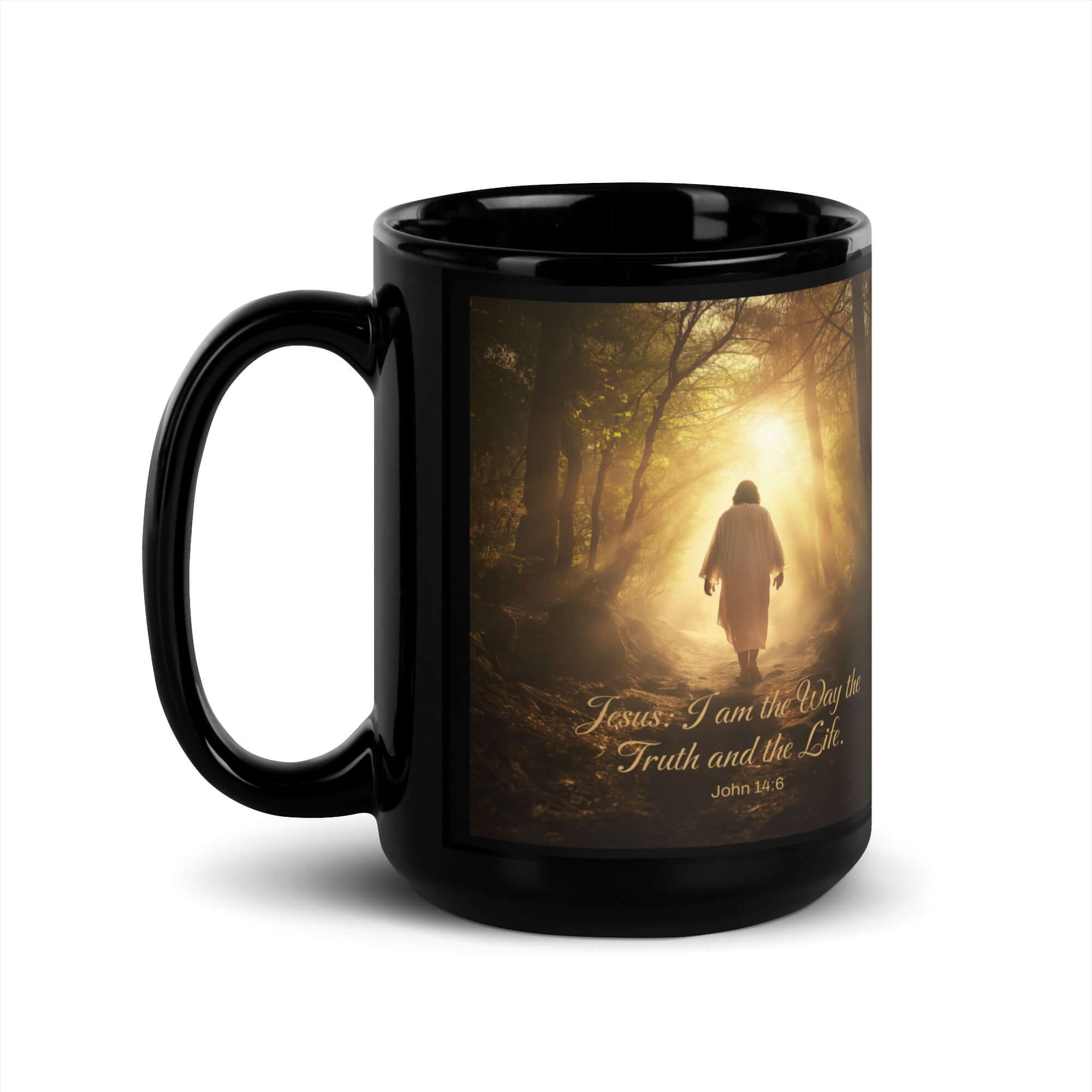 John 14:6 Bible Verse, Forest Image Black Glossy Mug 15 oz