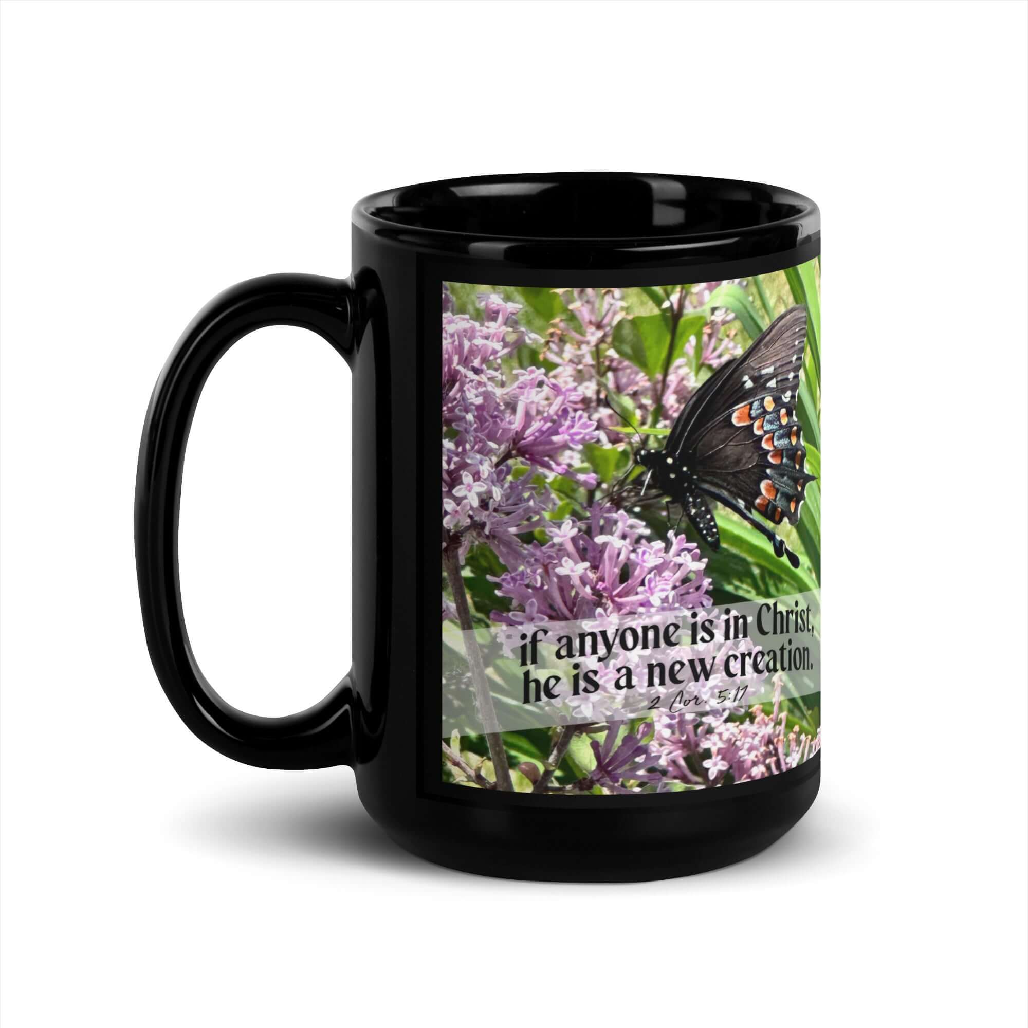 2 Corinthians 5:17 Bible Verse, Butterfly Black Glossy Mug 15 oz