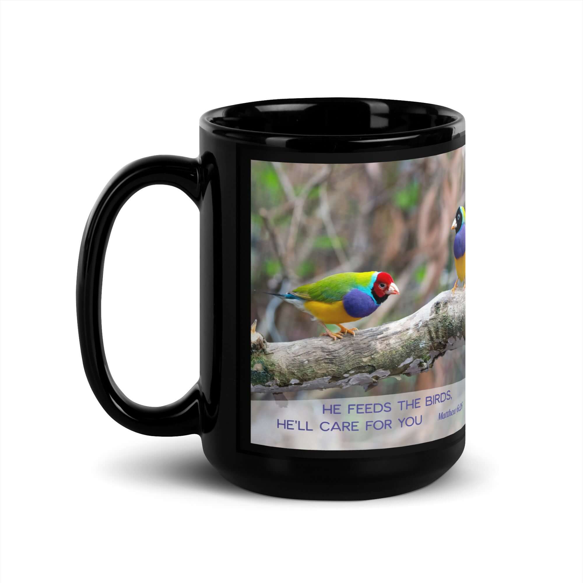 Matthew 6:26 Gouldian Finches, He'll Care for You Black Glossy Mug 15 oz
