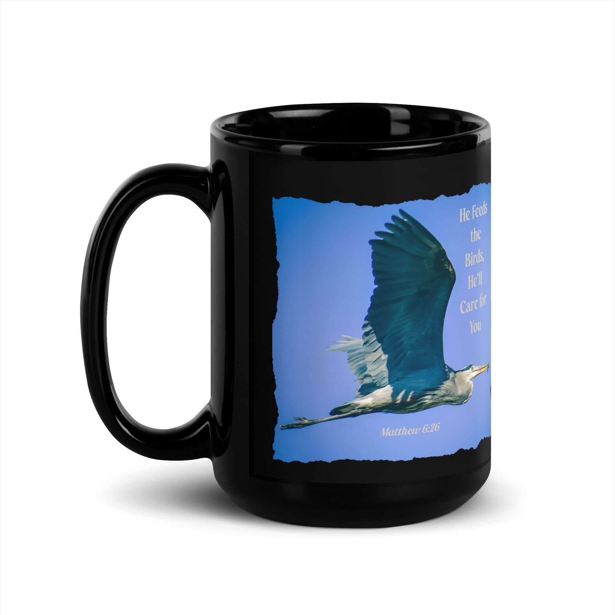 Matthew 6:26 Graceful Heron, He'll Care for You Black Glossy Mug 15 oz