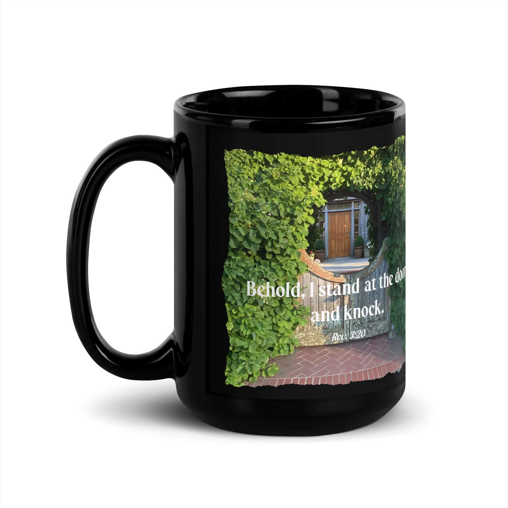 Revelation 3:20 Bible Verse, Garden Doorway Black Glossy Mug 15 oz