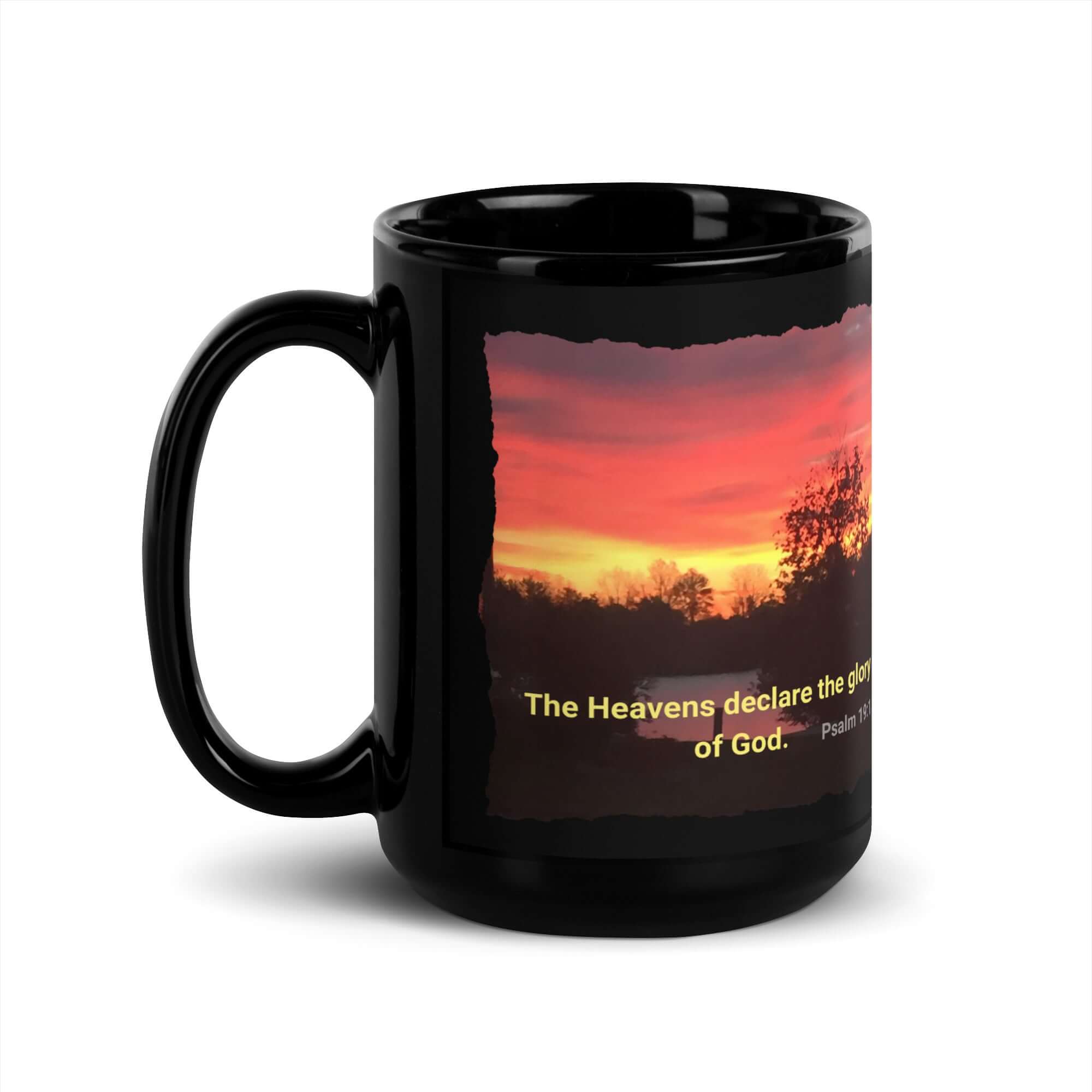 Psalm 19:1 Bible Verse, Sunset Glory Black Glossy Mug 15 oz