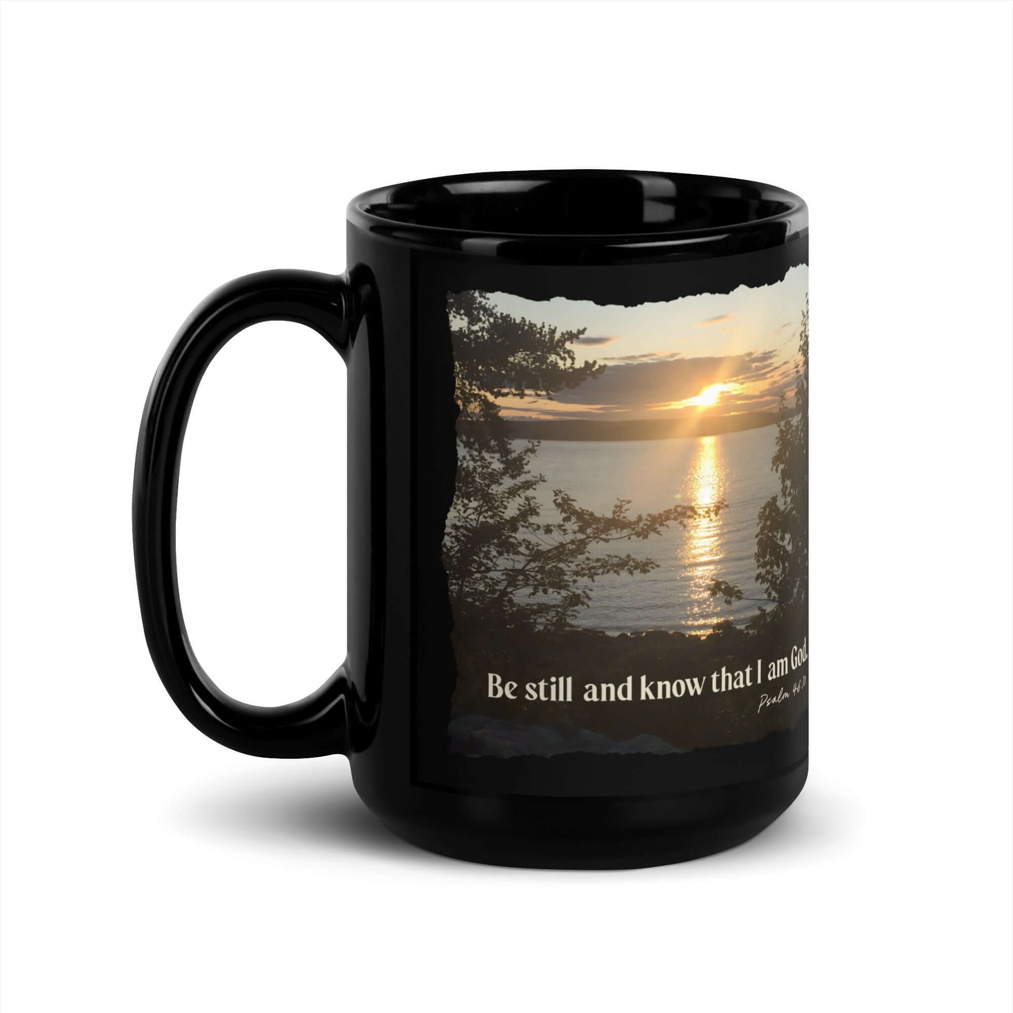 Psalm 46:10 Bible Verse, Sunset Glory Black Glossy Mug 15 oz
