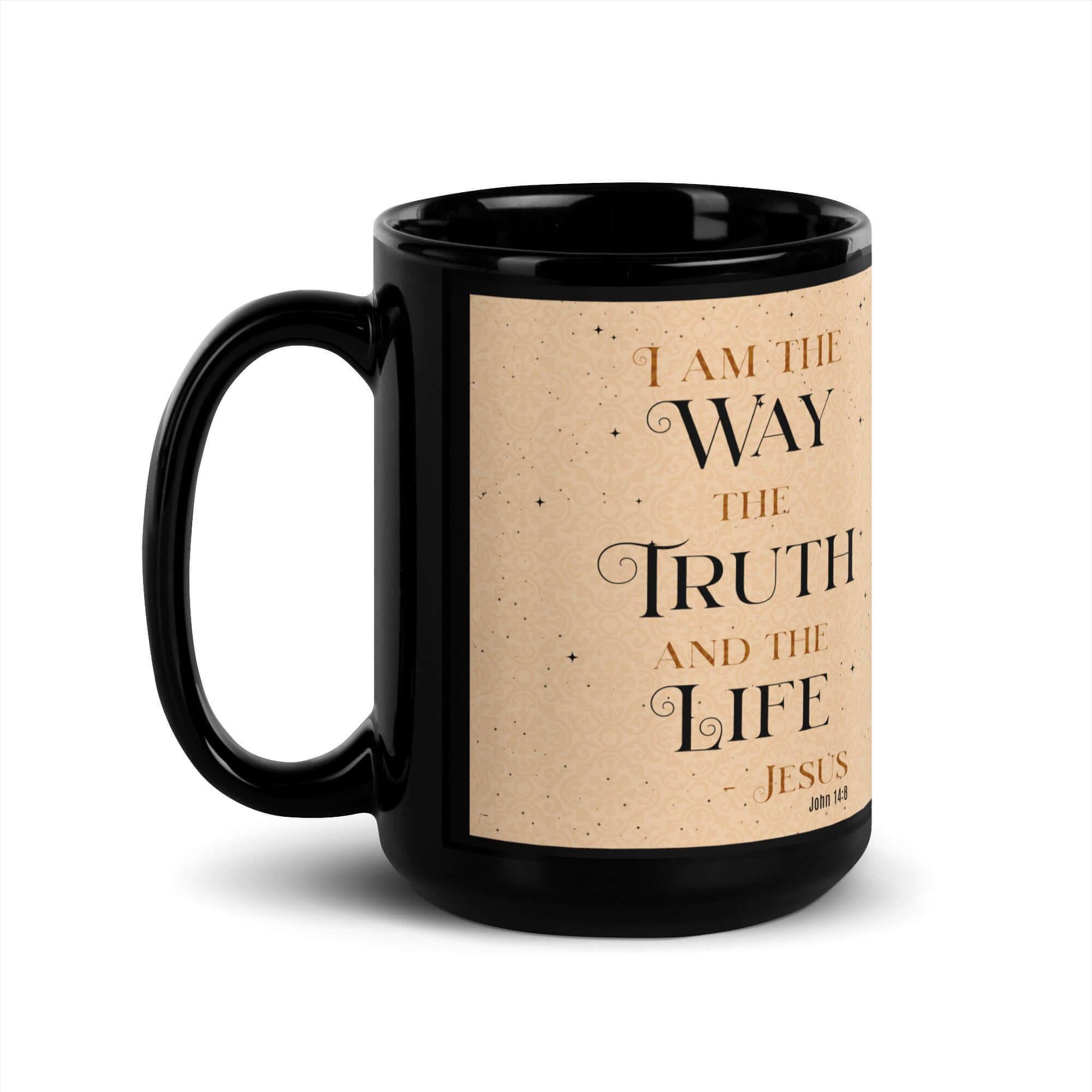 John 14:6 Bible Verse, Color Text Brown Background Black Glossy Mug 15 oz