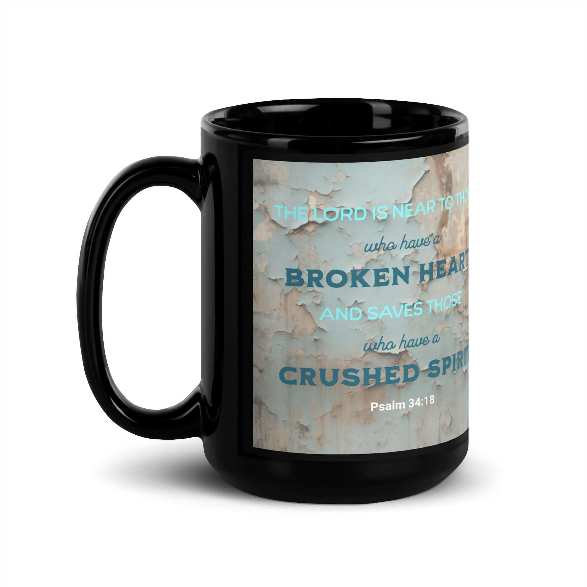 Psalm 34:18 Bible Verse, The LORD is Near Black Glossy Mug 15 oz