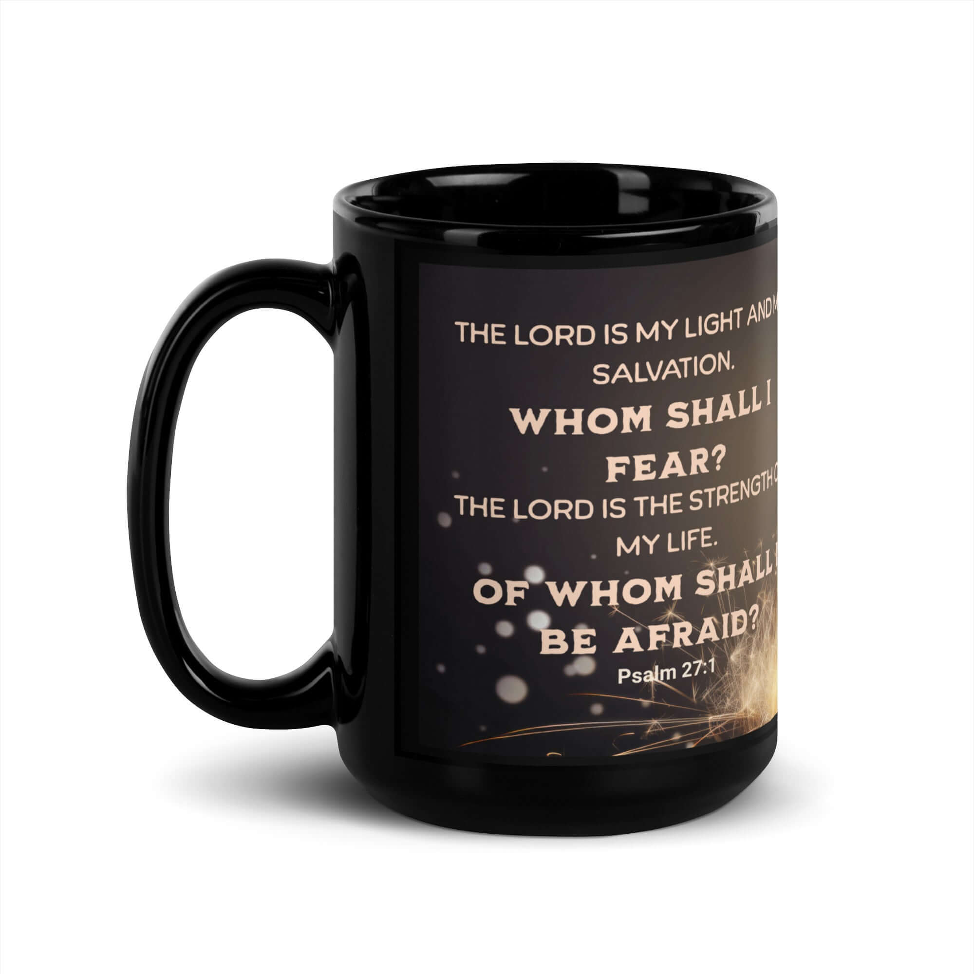 Psalm 27:1 Bible Verse, The LORD is My Light Black Glossy Mug 15 oz