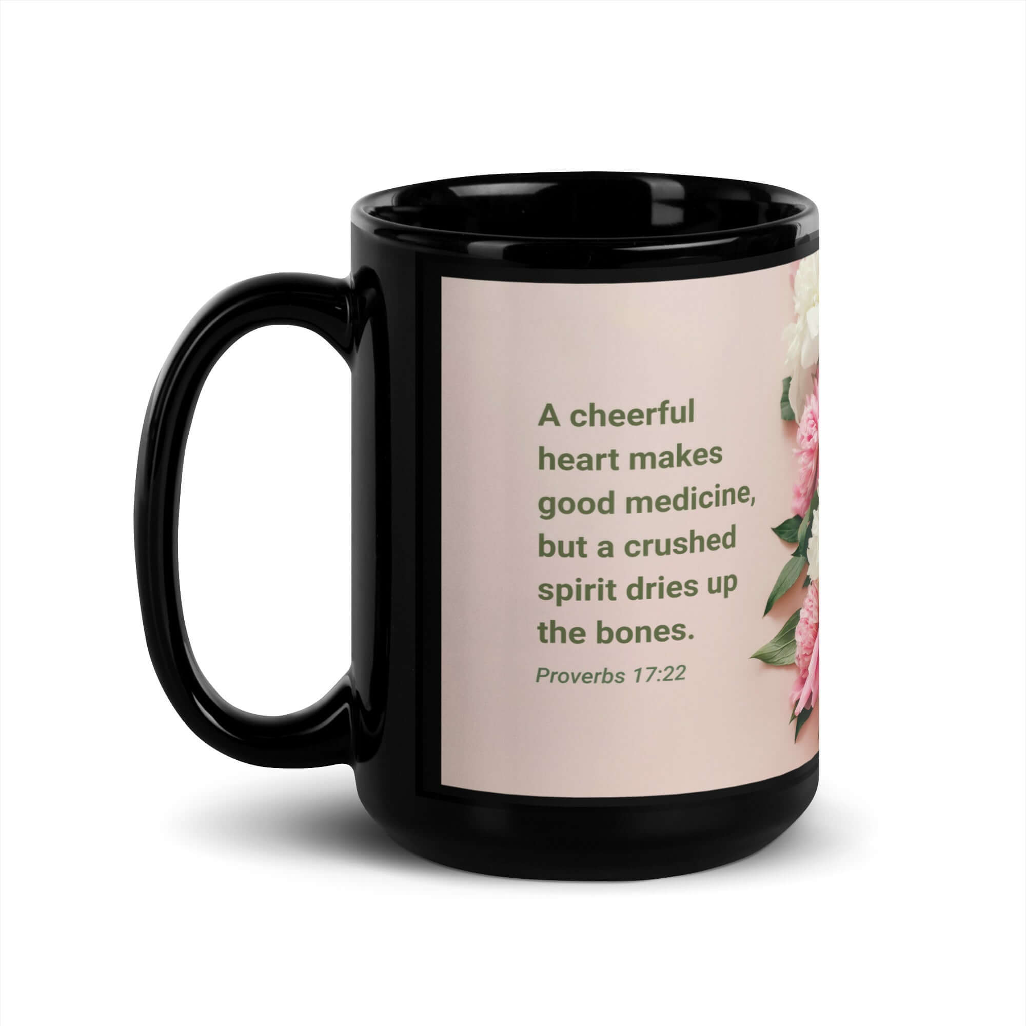 Proverbs 17:22 Bible Verse, good medicine Black Glossy Mug 15 oz