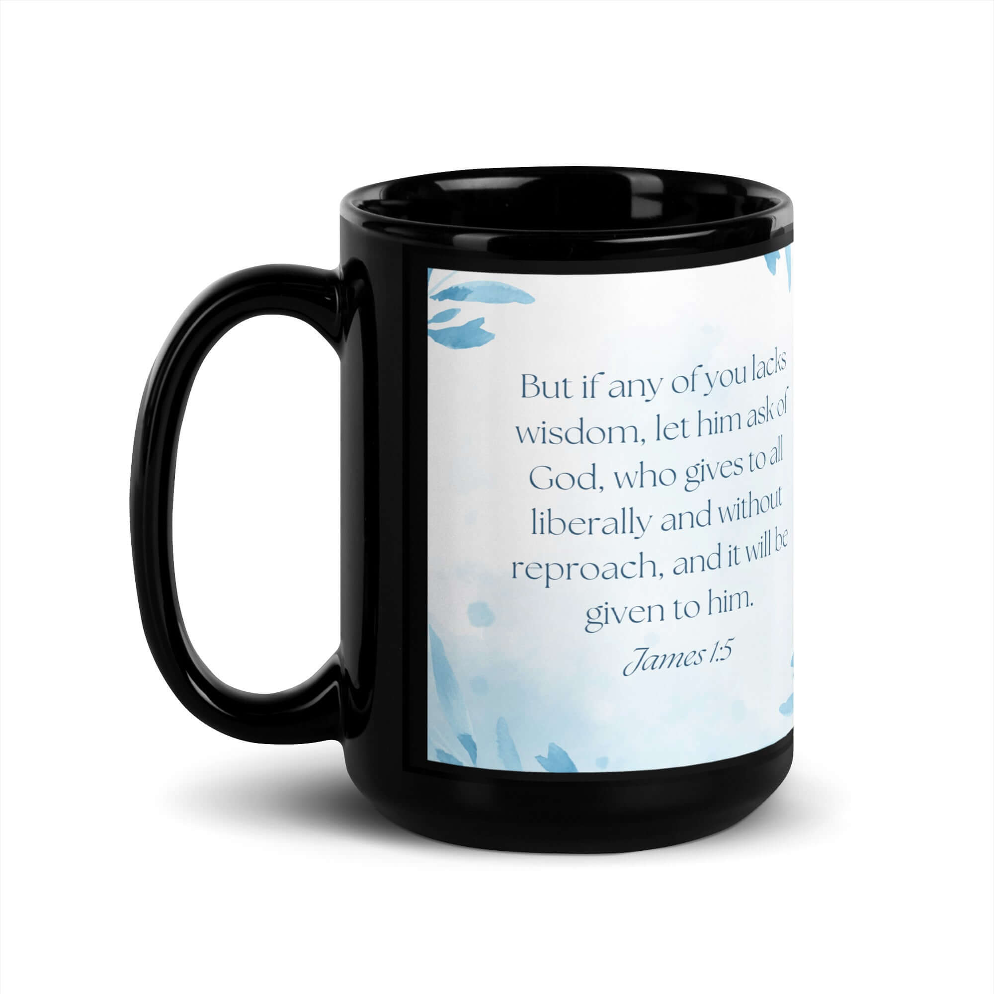 James 1:5 Bible Verse, lacks wisdom Black Glossy Mug 15 oz