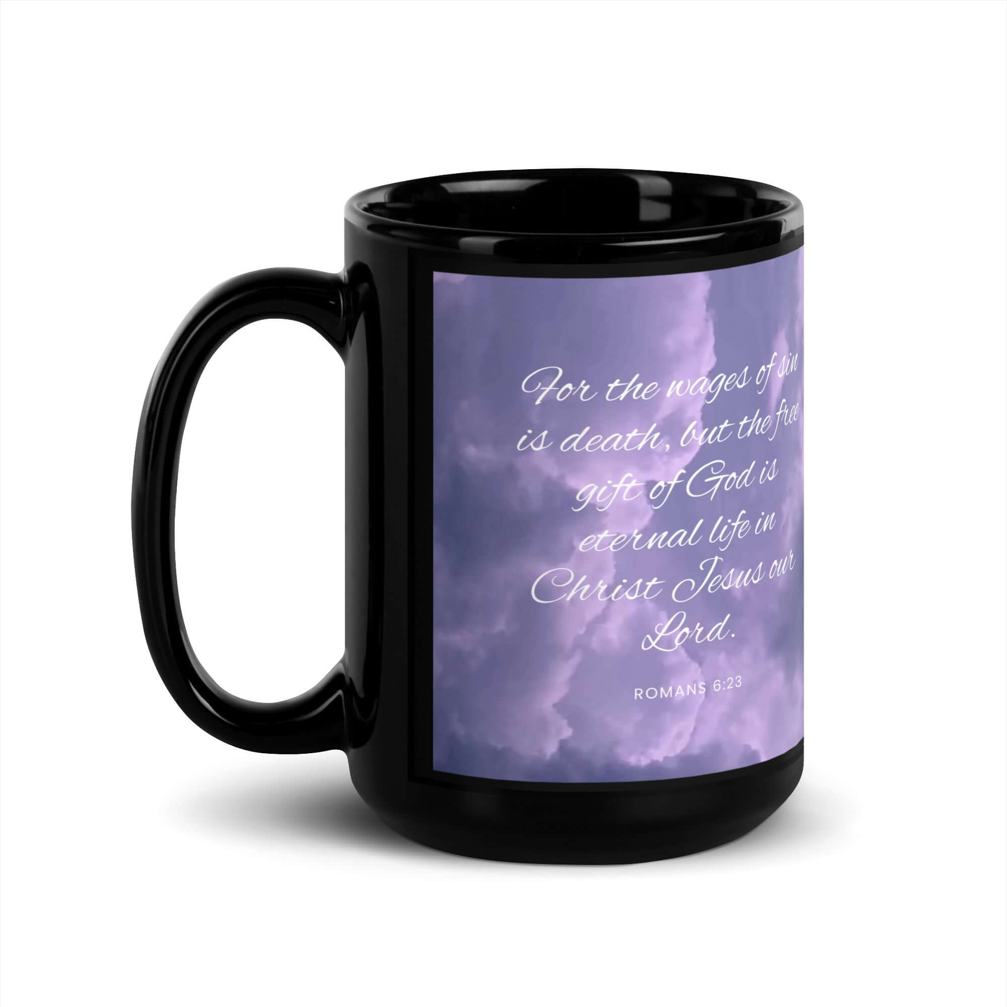 Romans 6:23 Bible Verse, free gift Black Glossy Mug 15 oz