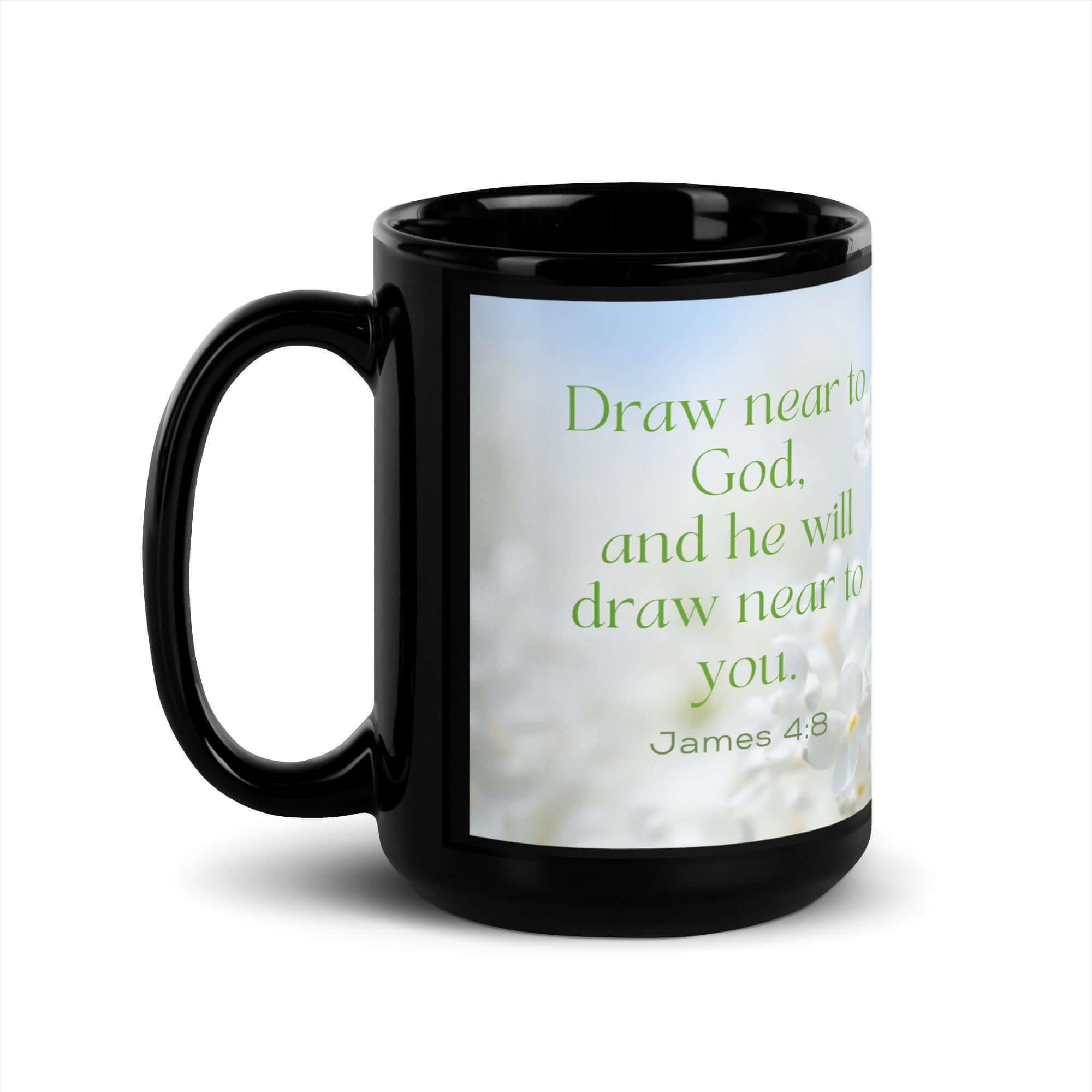 James 4:8 Bible Verse, Draw near Black Glossy Mug 15 oz
