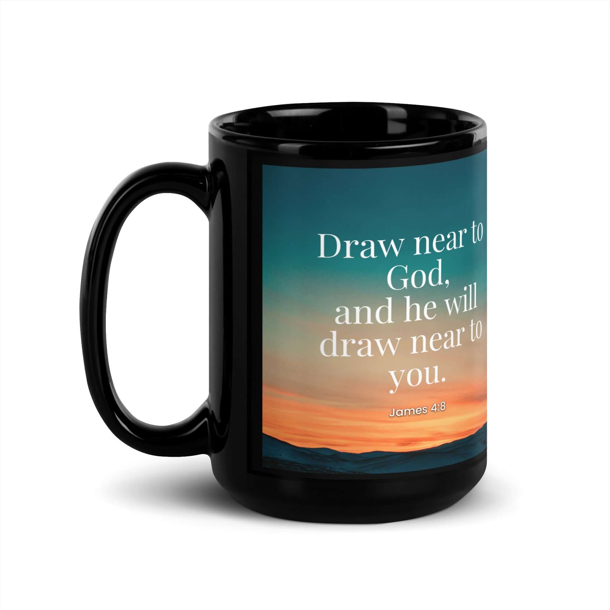 James 4:8 Bible Verse, near to God Black Glossy Mug 15 oz