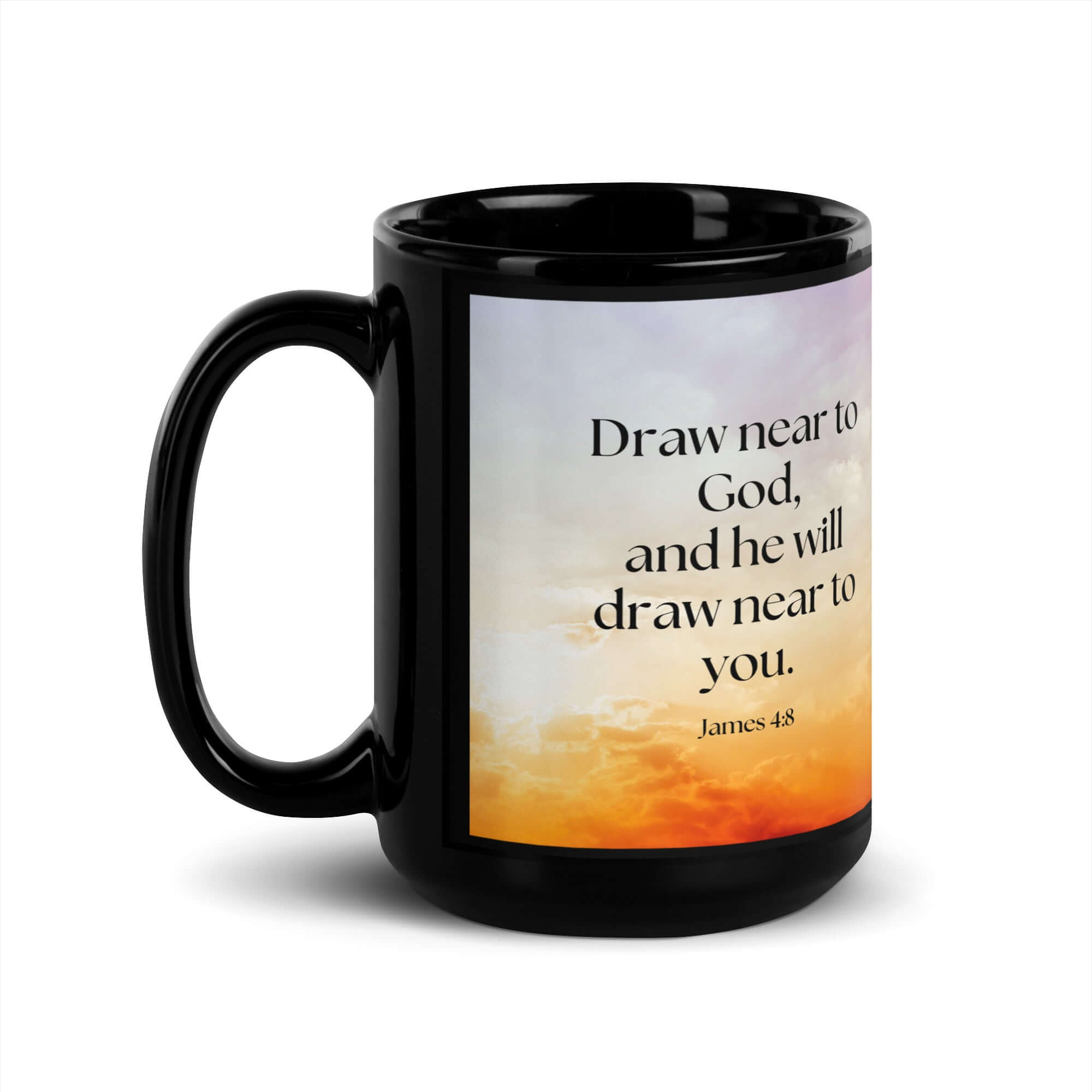 James 4:8 Bible Verse, he will draw Black Glossy Mug 15 oz
