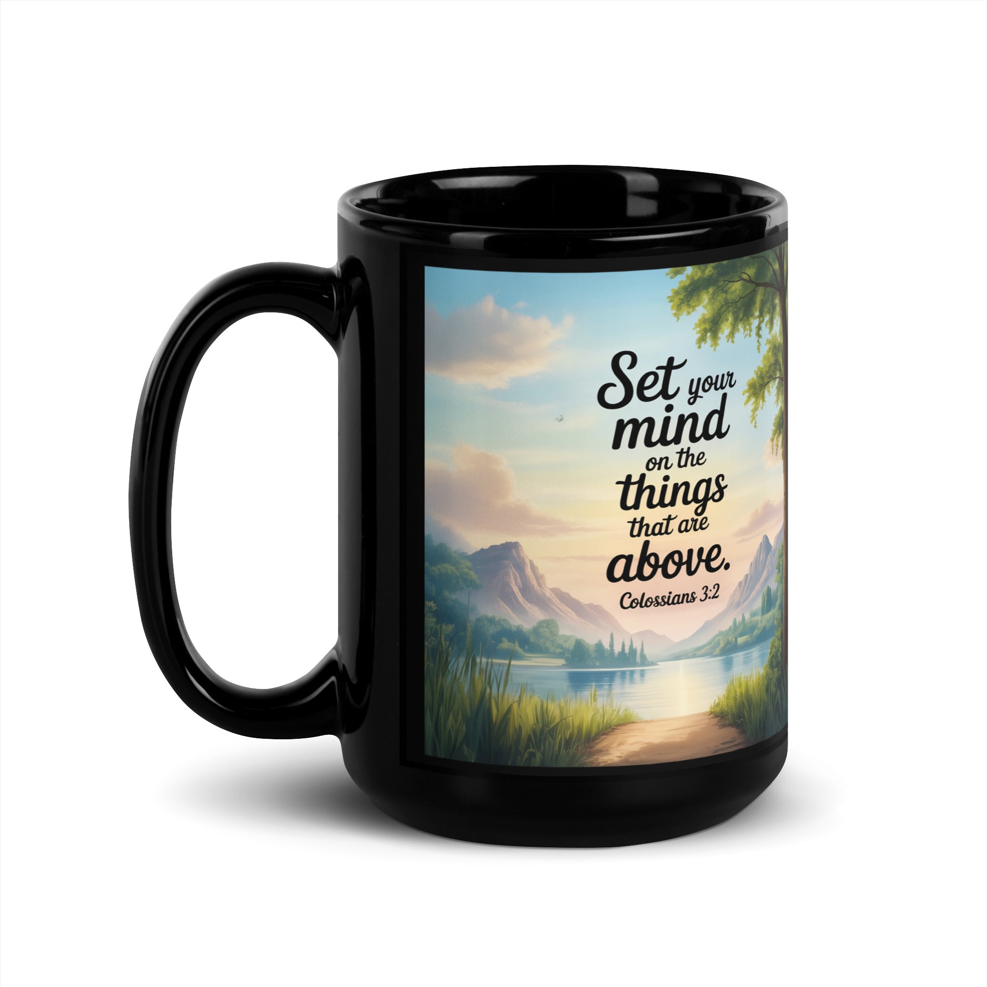 Colossians 3:2 Bible Verse Set Black Glossy Mug 15 oz