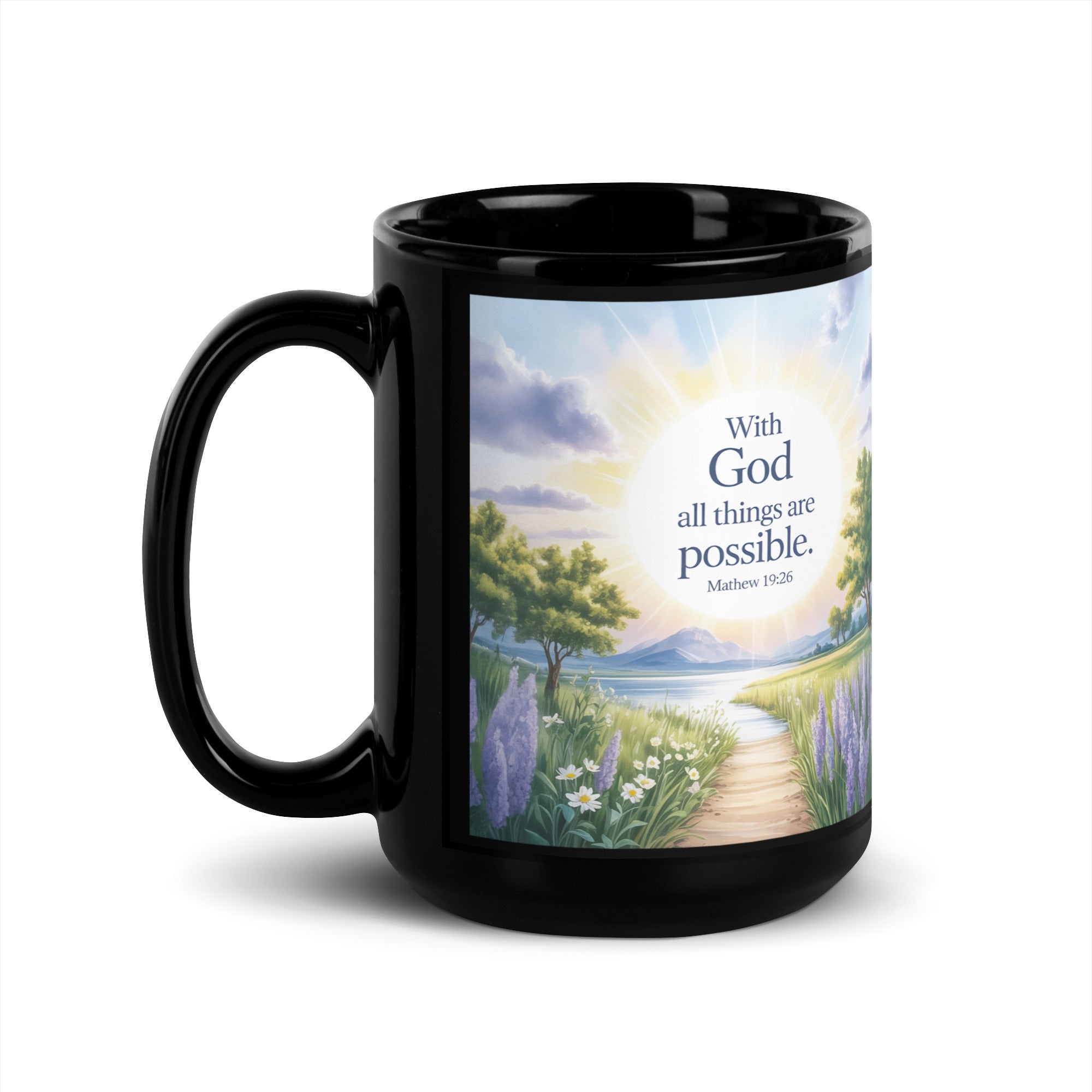 Matthew 19:26 Bible Verse Looking at Black Glossy Mug 15 oz