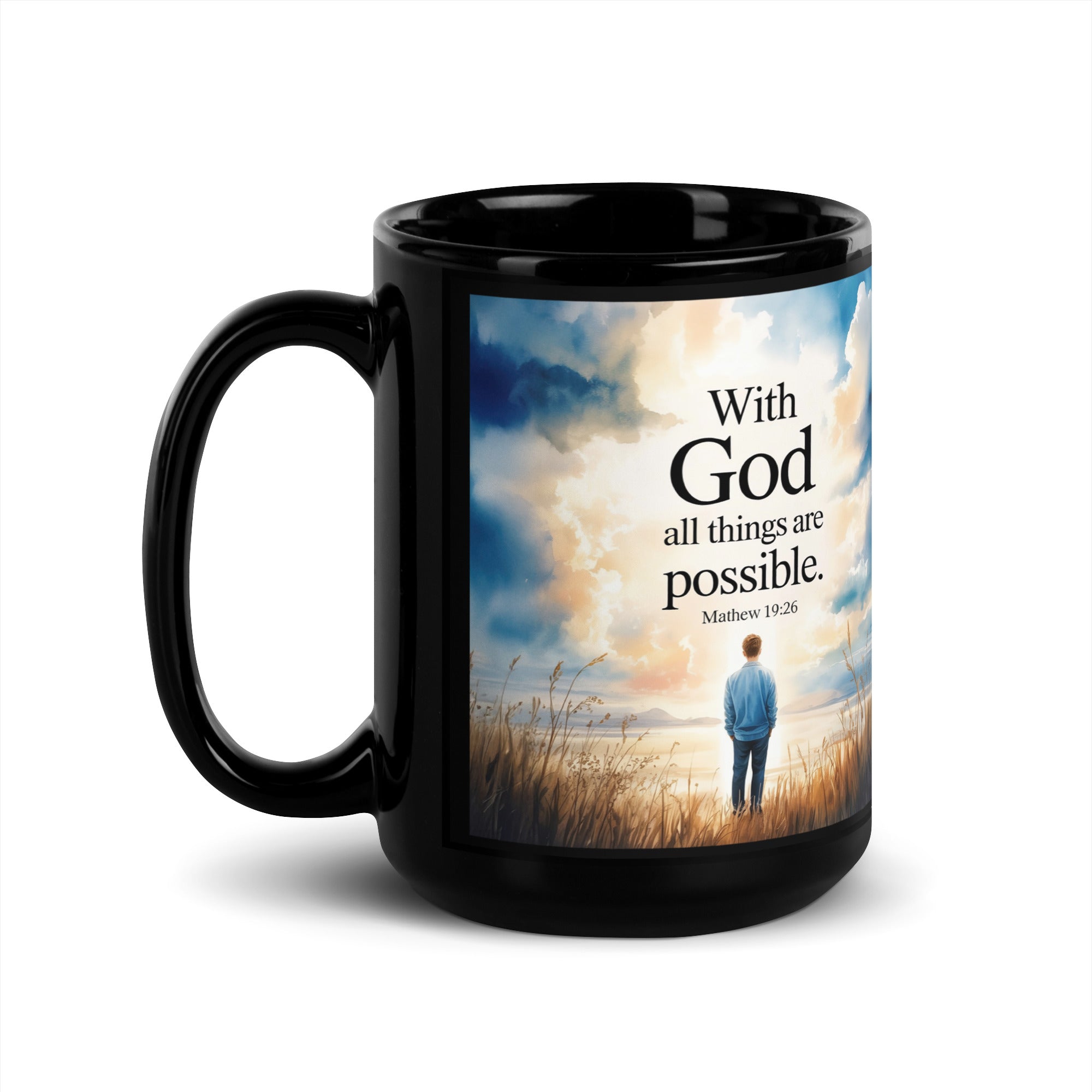 Matthew 19:26 Bible Verse Jesus Black Glossy Mug 15 oz