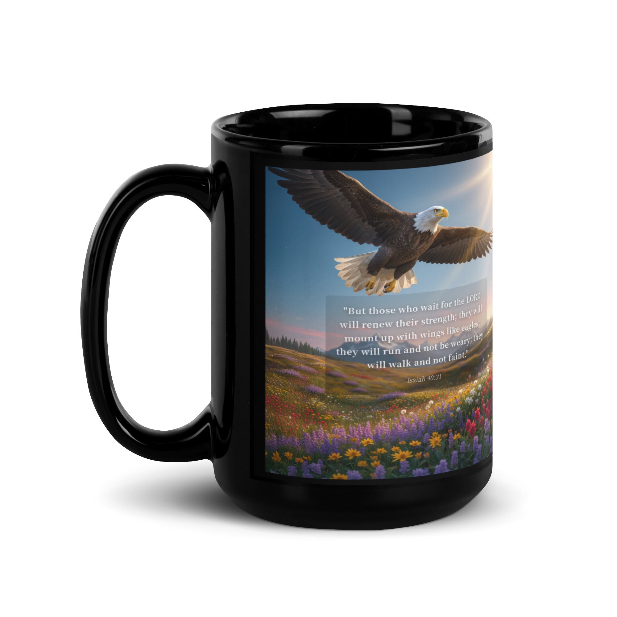 Isaiah 40:31 Bible Verse Who Wait Black Glossy Mug 15 oz