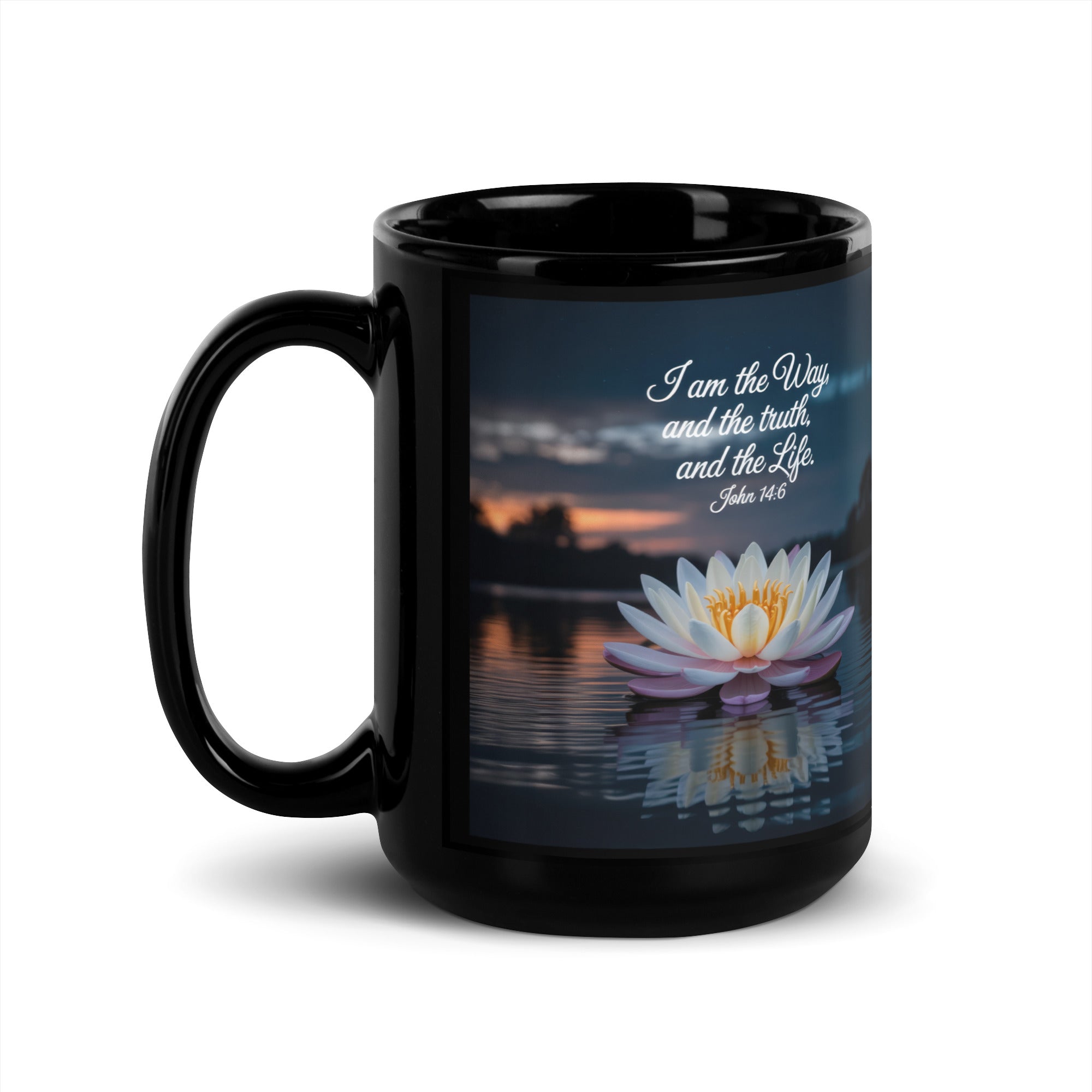 John 14:6 Bible Verse The Father Black Glossy Mug 15 oz