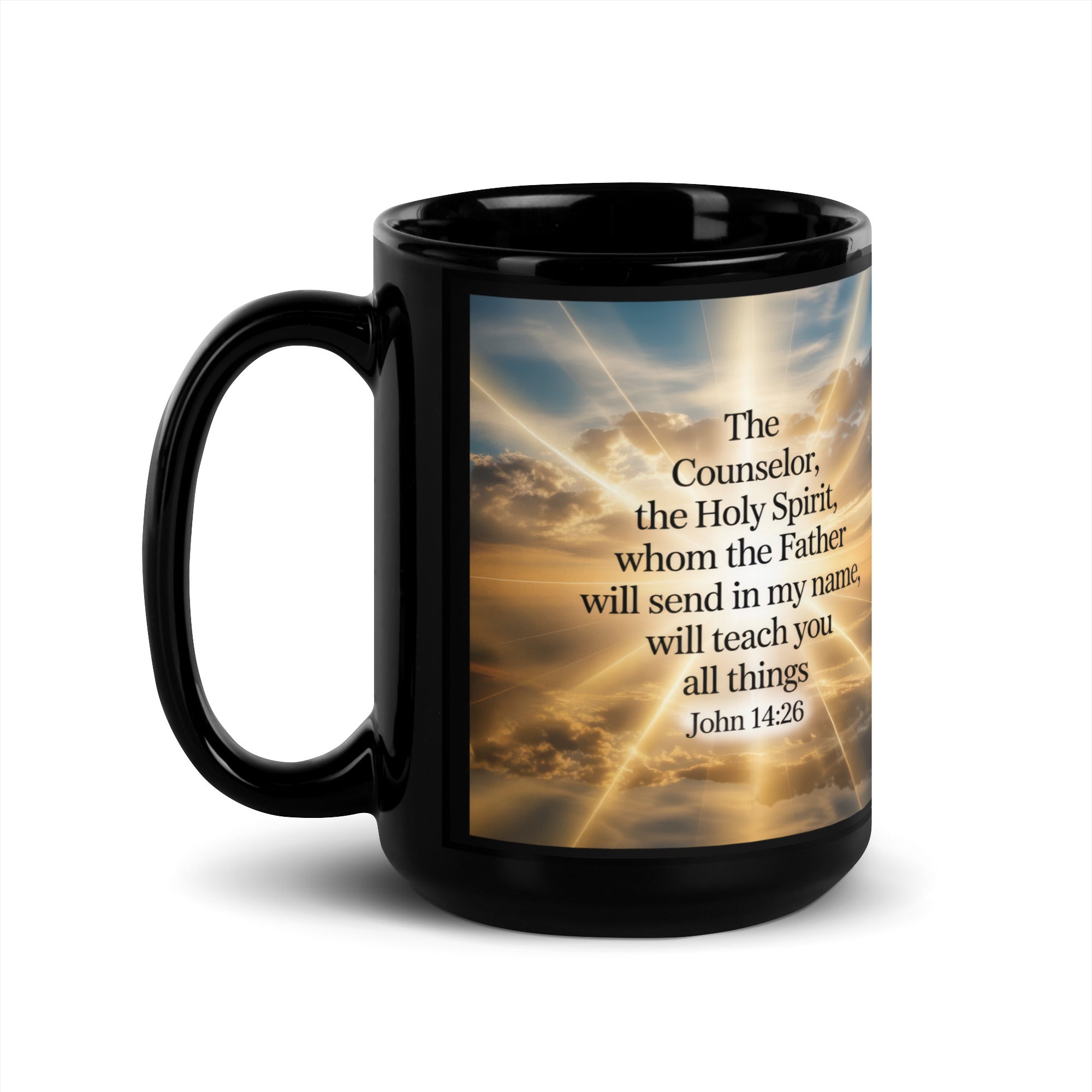 John 14:26 Bible Verse will send Black Glossy Mug 15 oz