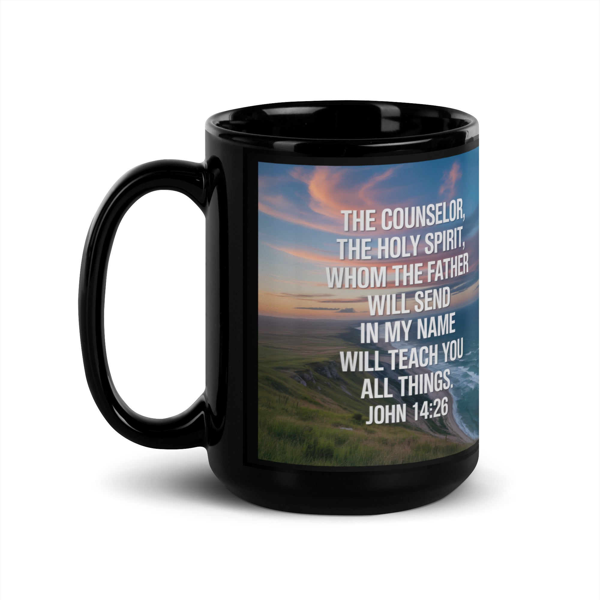 John 14:26 Bible Verse will teach Black Glossy Mug 15 oz