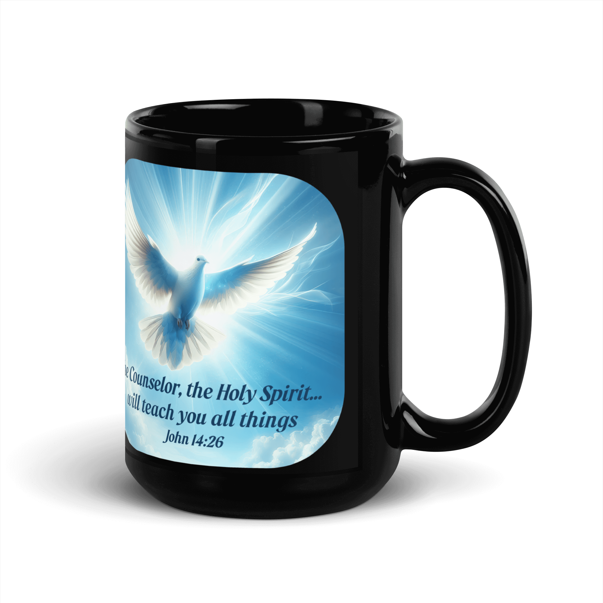 John 14:26 Bible Verse, Holy Spirit Dove Black Glossy Mug