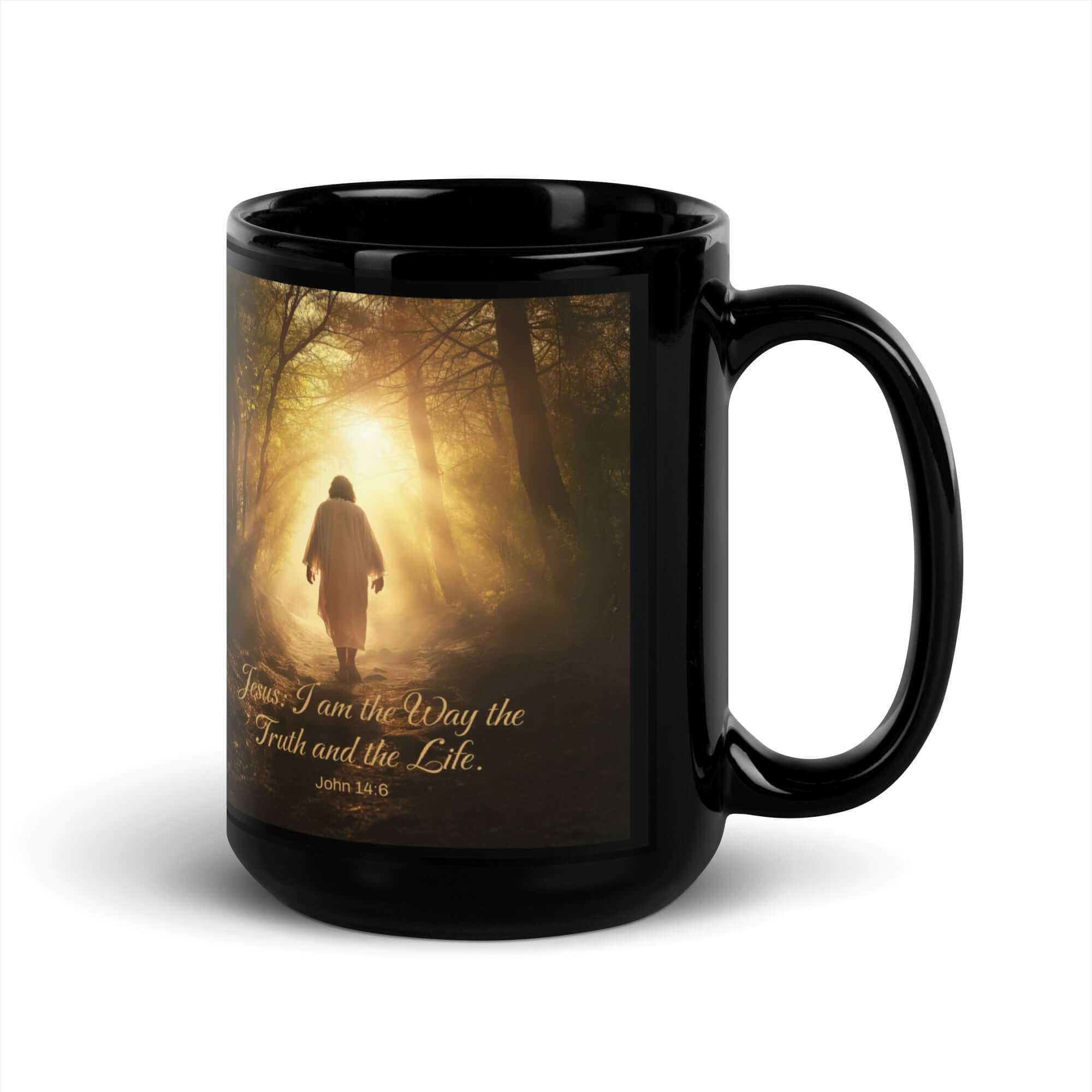 John 14:6 Bible Verse, Forest Image Black Glossy Mug