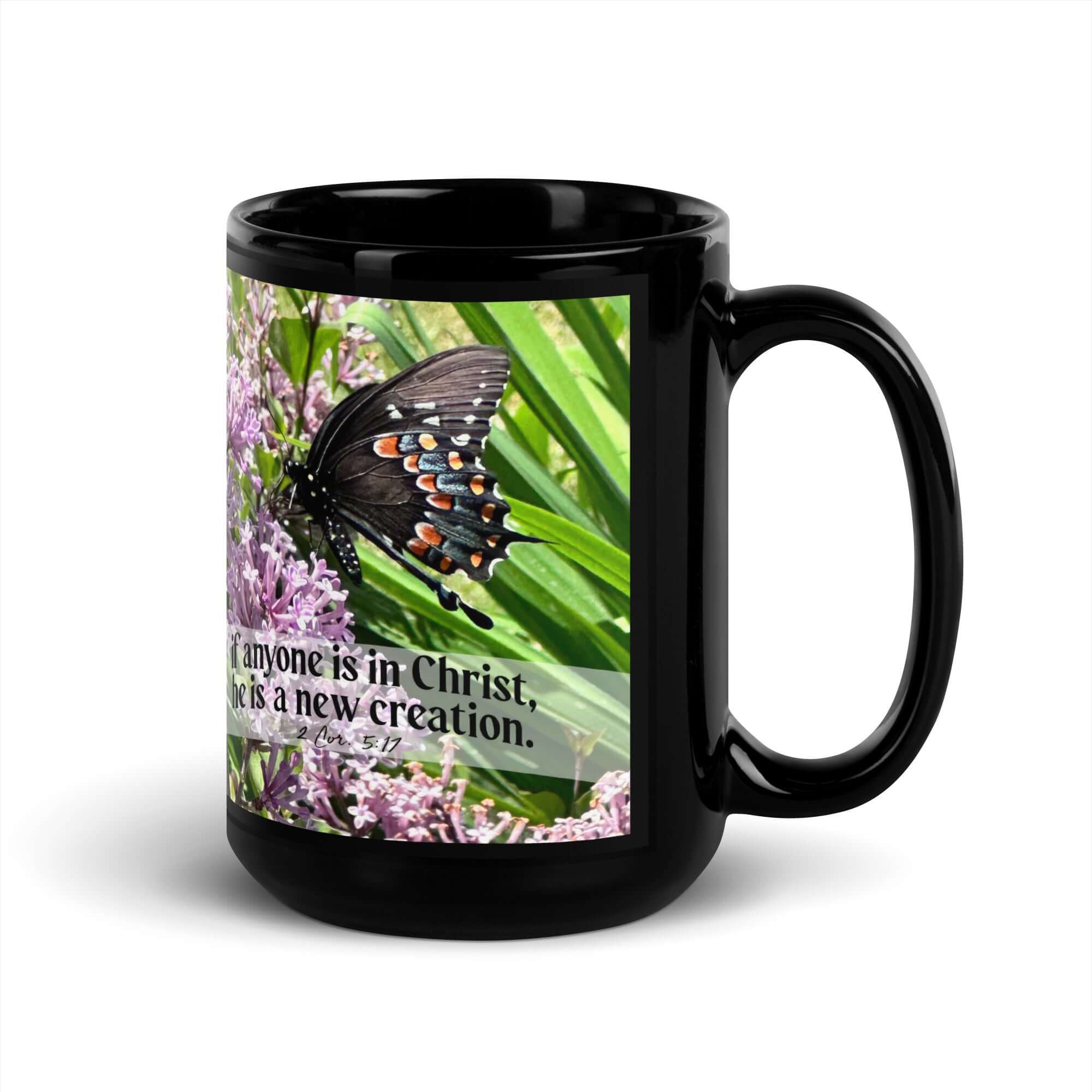 2 Corinthians 5:17 Bible Verse, Butterfly Black Glossy Mug