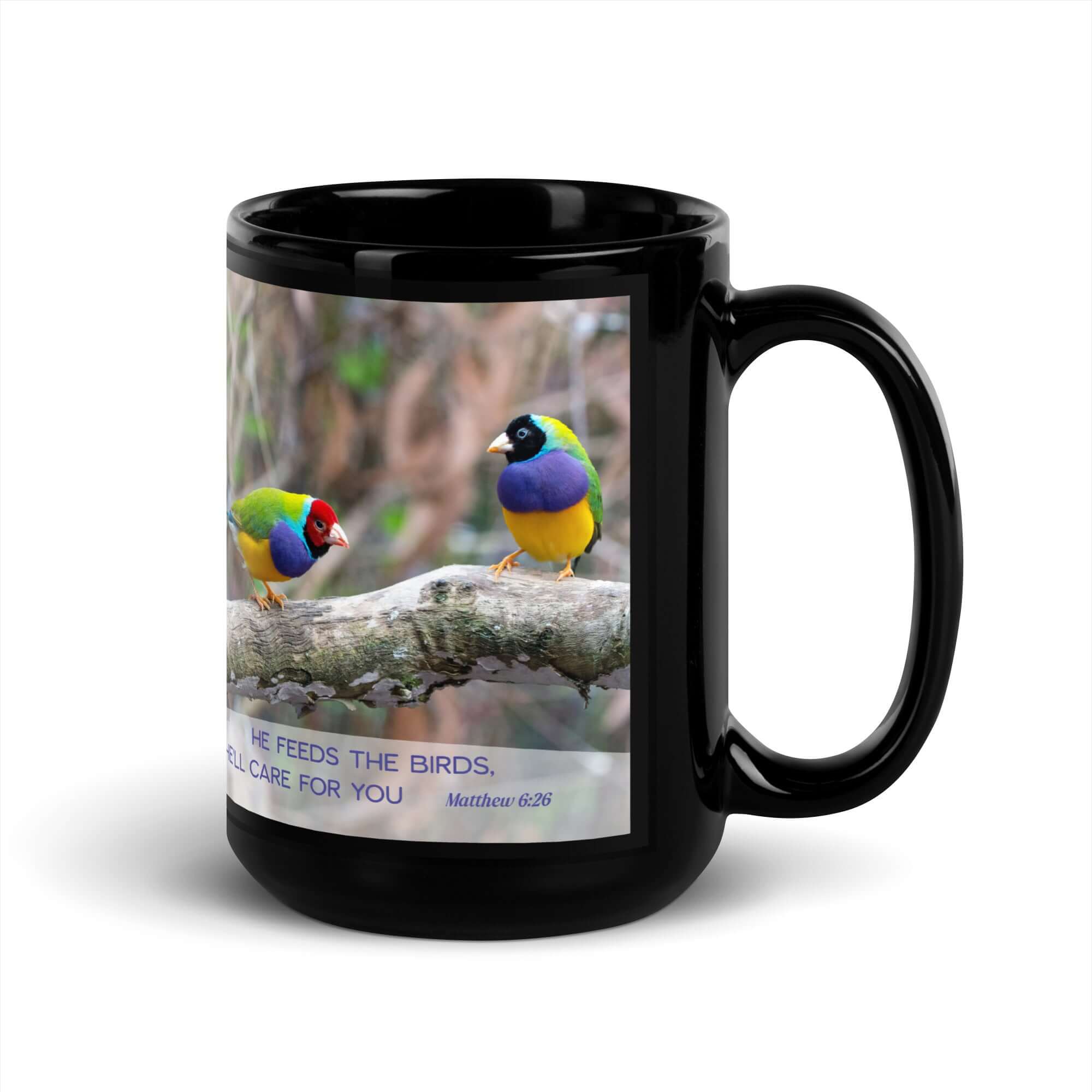 Matthew 6:26 Gouldian Finches, He'll Care for You Black Glossy Mug